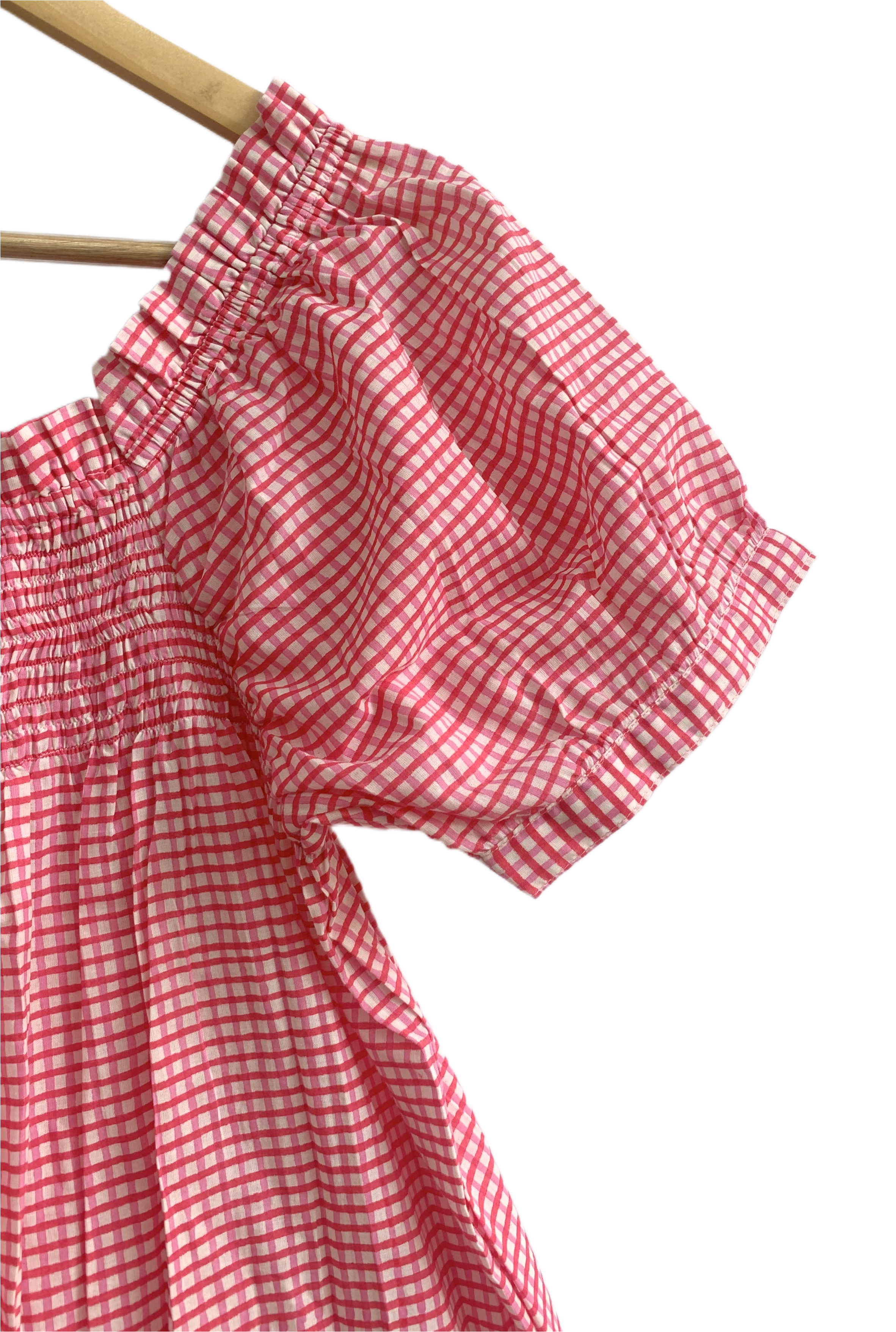 Pink Check Cotton Lounge Set - Smocked Square Neck Top & Pajama Shorts