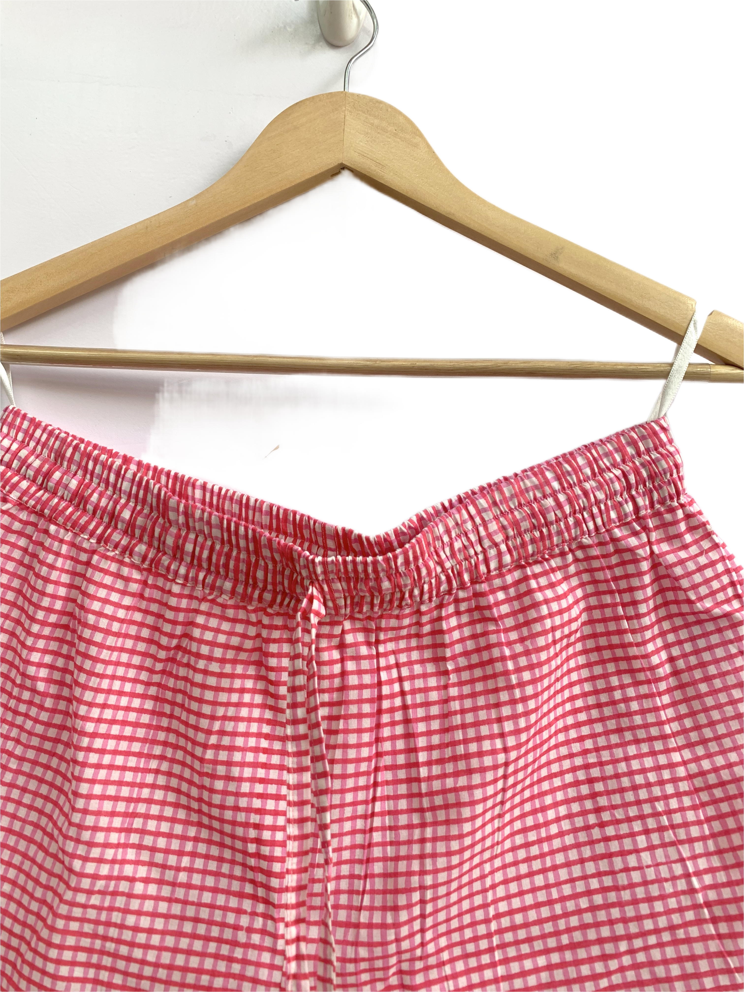 Pink Check Cotton Lounge Set - Smocked Square Neck Top & Pajama Shorts