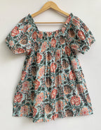 Blue & Rust Floral Cotton Pajama Set - Puff Sleeve Top & Lounge Shorts