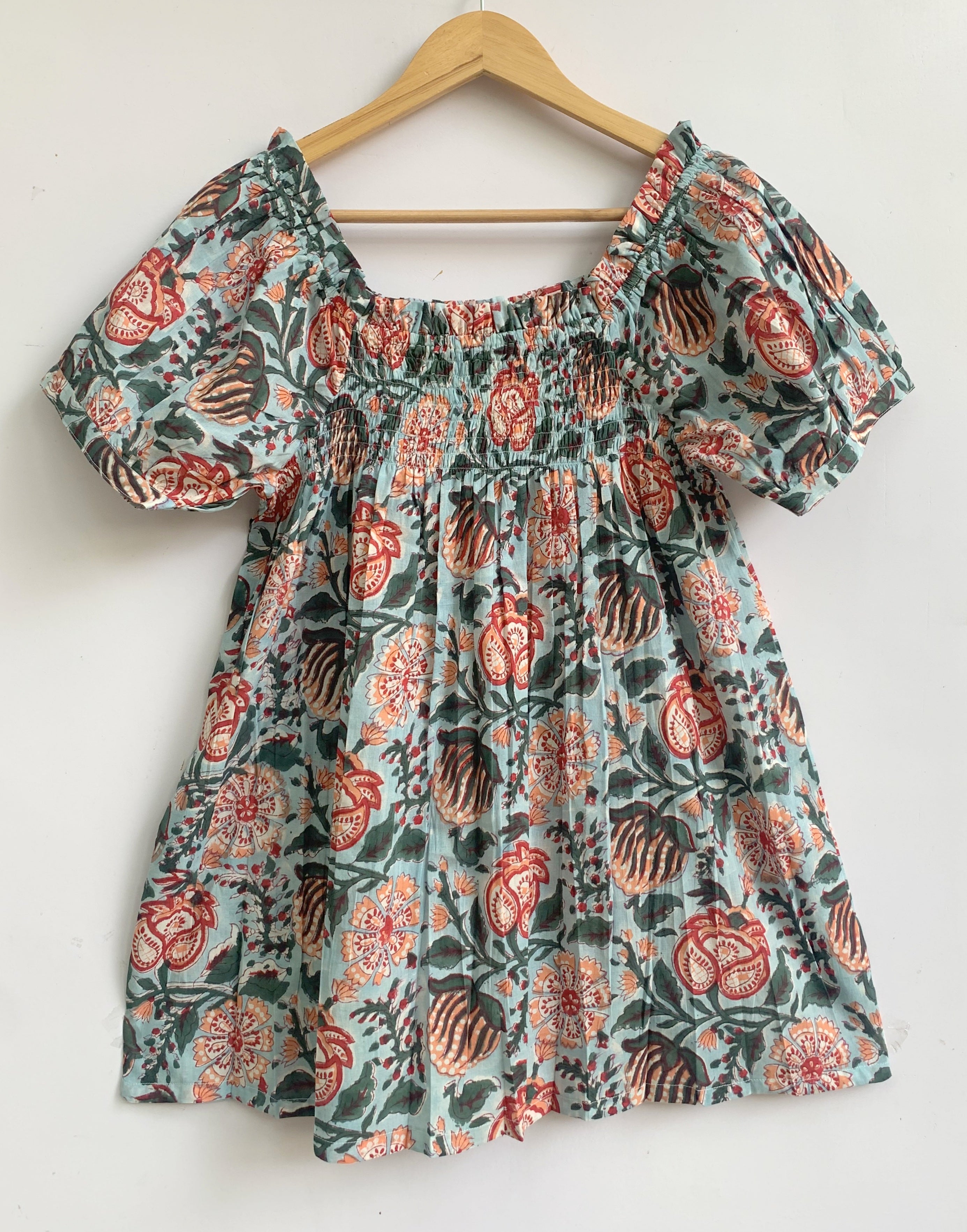 Blue & Rust Floral Cotton Pajama Set - Puff Sleeve Top & Lounge Shorts