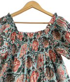 Blue & Rust Floral Cotton Pajama Set - Puff Sleeve Top & Lounge Shorts