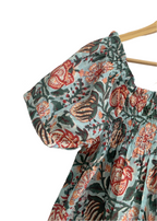 Blue & Rust Floral Cotton Pajama Set - Puff Sleeve Top & Lounge Shorts