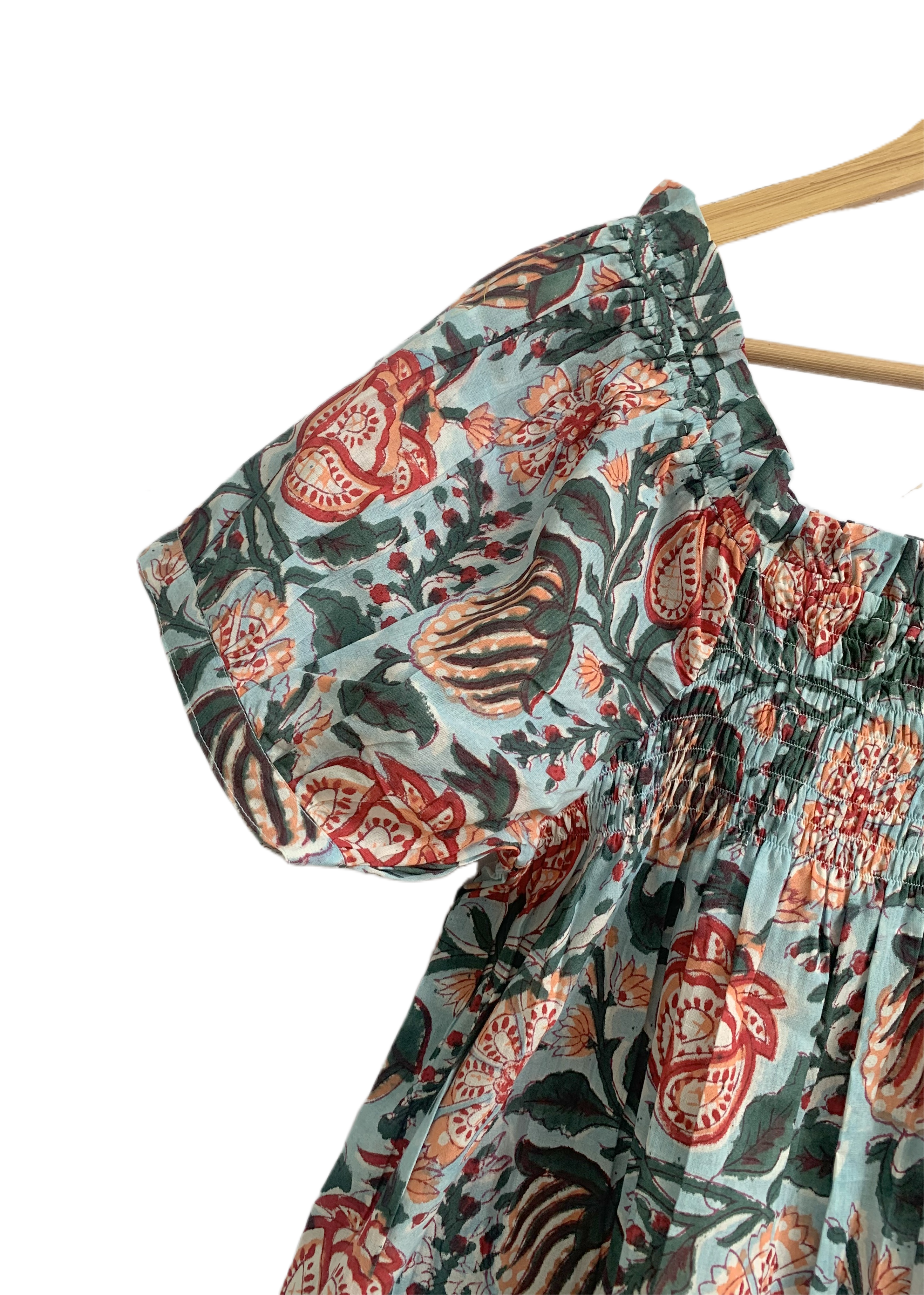 Blue & Rust Floral Cotton Pajama Set - Puff Sleeve Top & Lounge Shorts