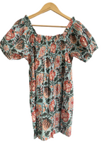 Blue & Rust Floral Cotton Pajama Set - Puff Sleeve Top & Lounge Shorts