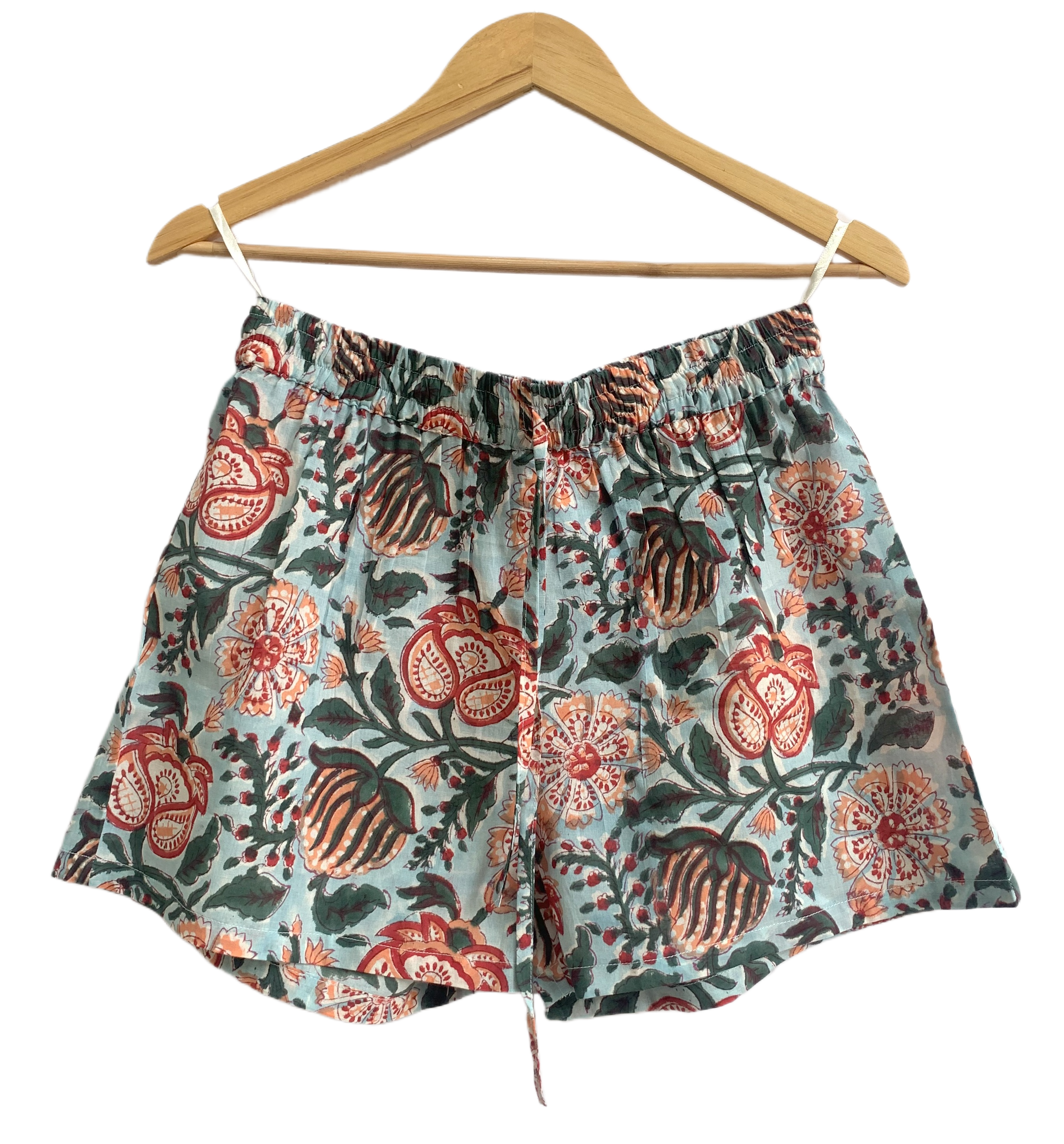 Blue & Rust Floral Cotton Pajama Set - Puff Sleeve Top & Lounge Shorts