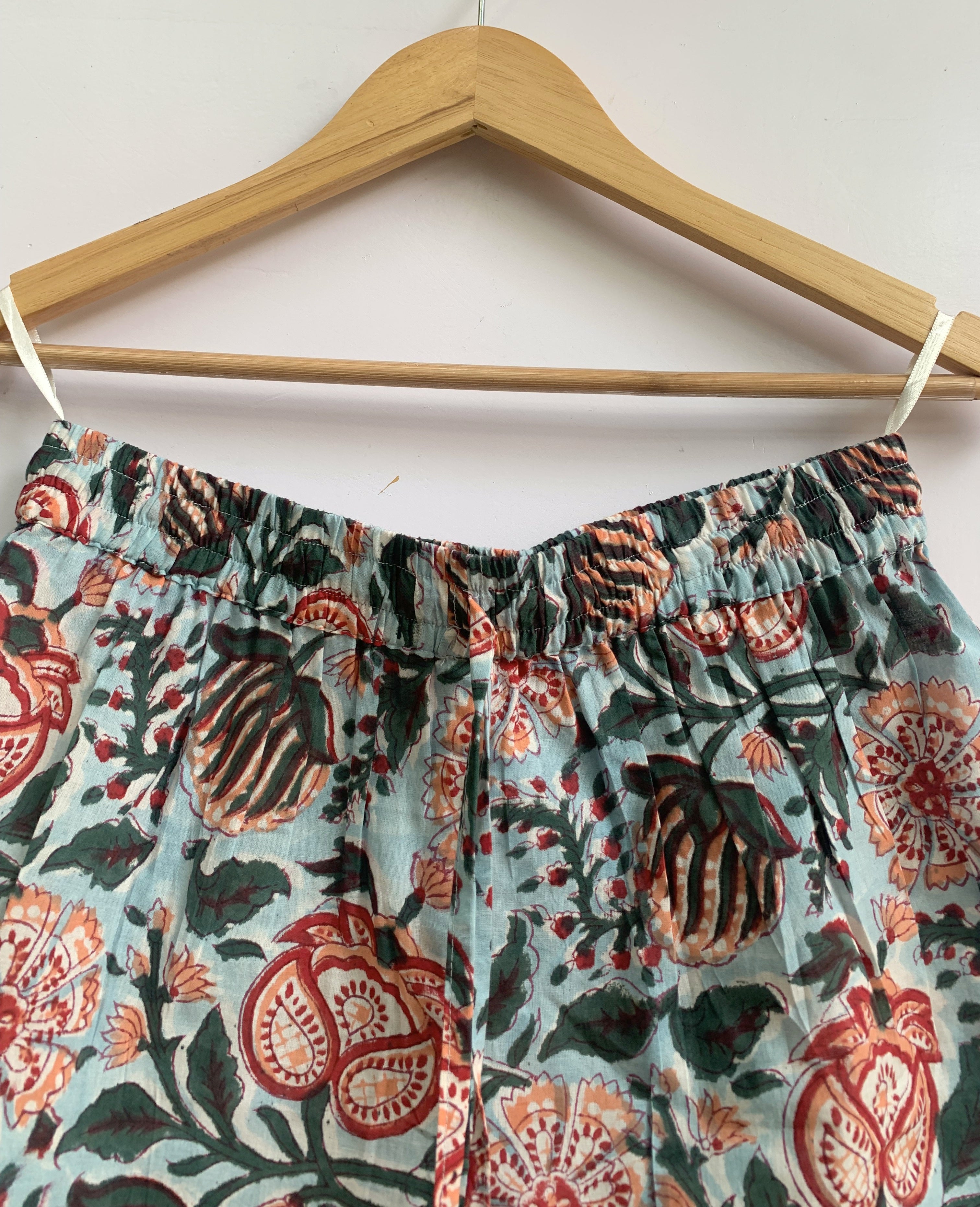 Blue & Rust Floral Cotton Pajama Set - Puff Sleeve Top & Lounge Shorts