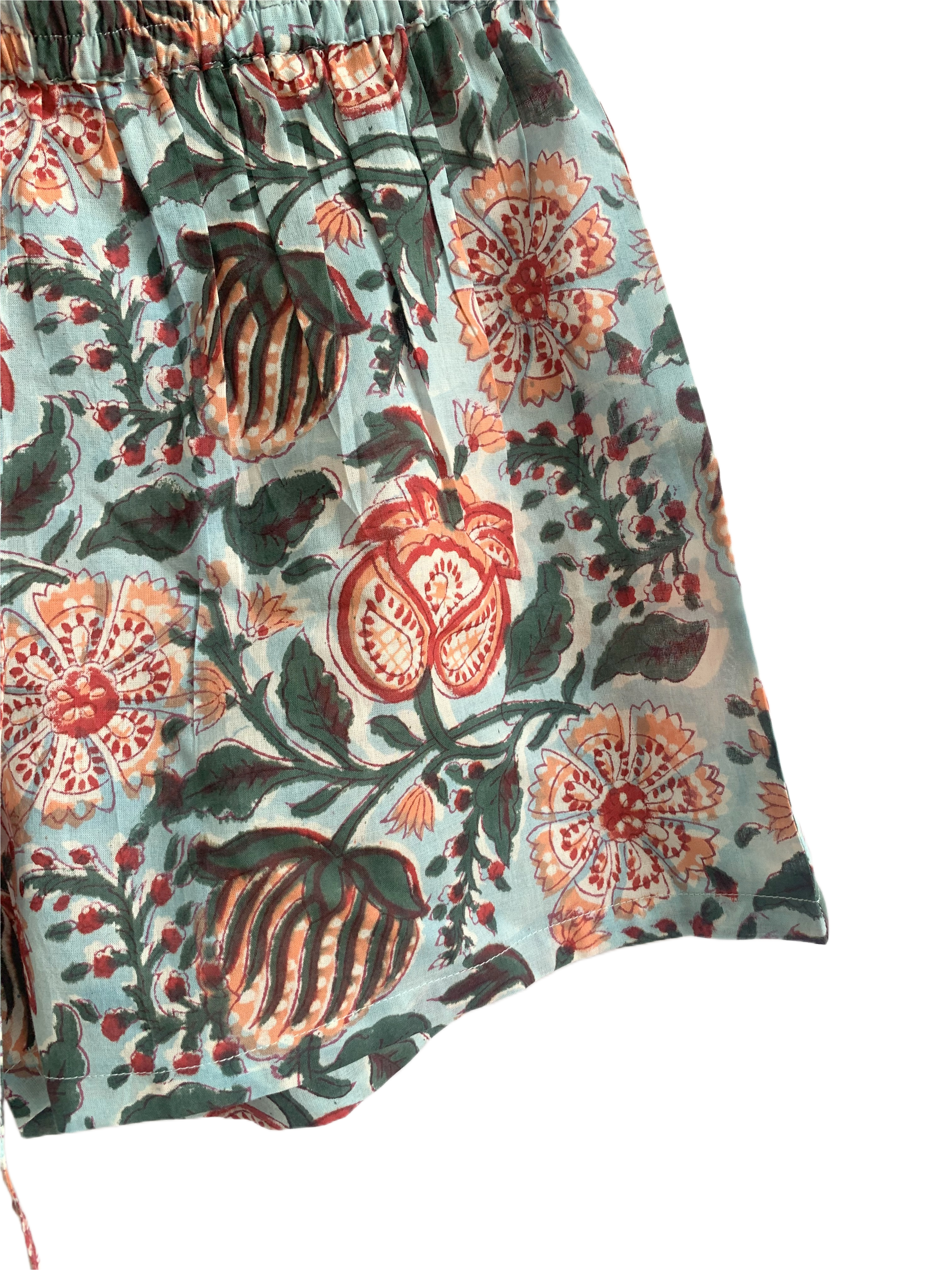 Blue & Rust Floral Cotton Pajama Set - Puff Sleeve Top & Lounge Shorts
