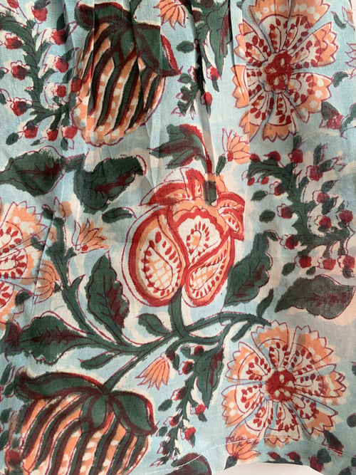 Blue & Rust Floral Cotton Pajama Set - Puff Sleeve Top & Lounge Shorts