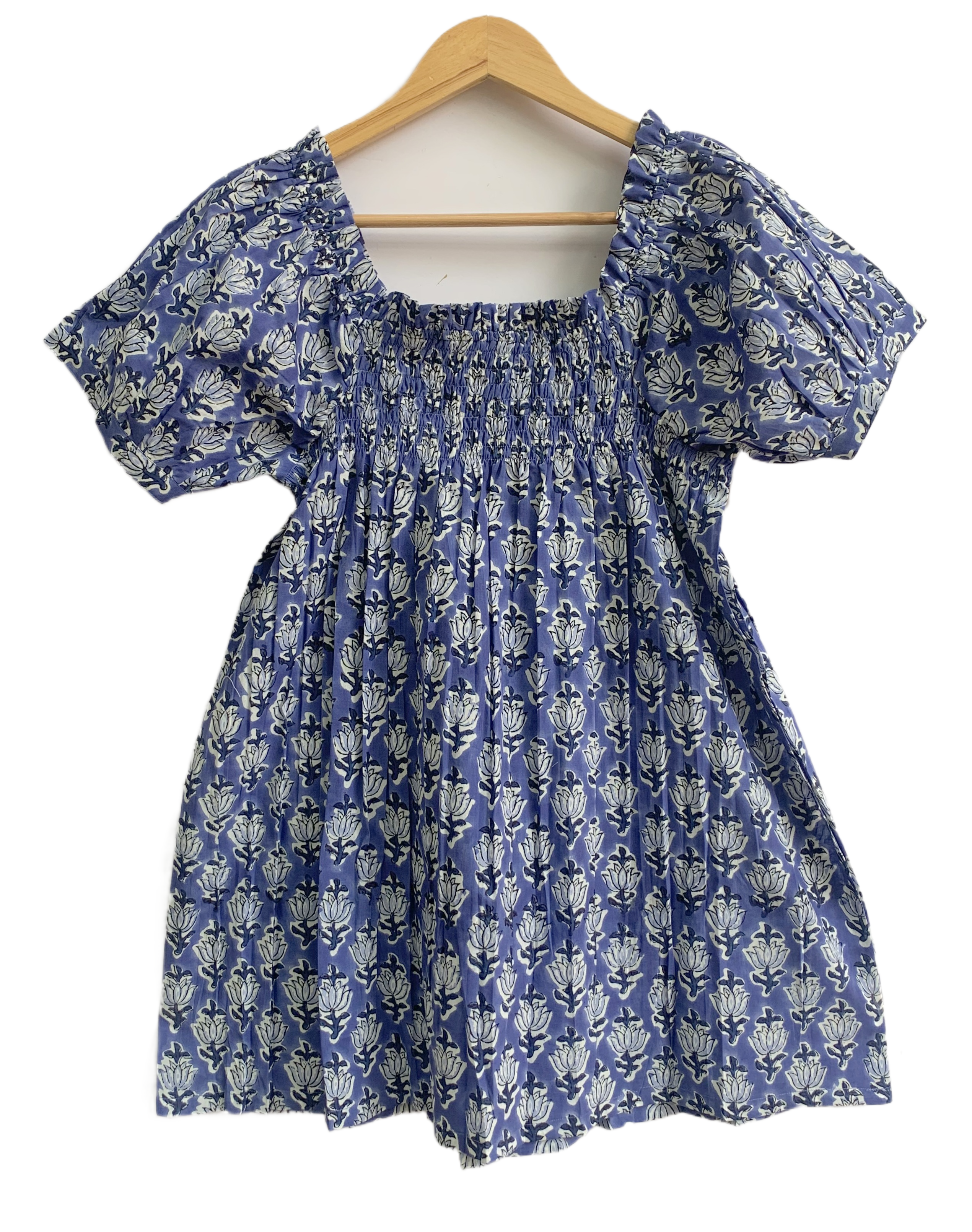 Blue Floral Cotton Sleep Set - Puff Sleeve Top & Lounge Shorts