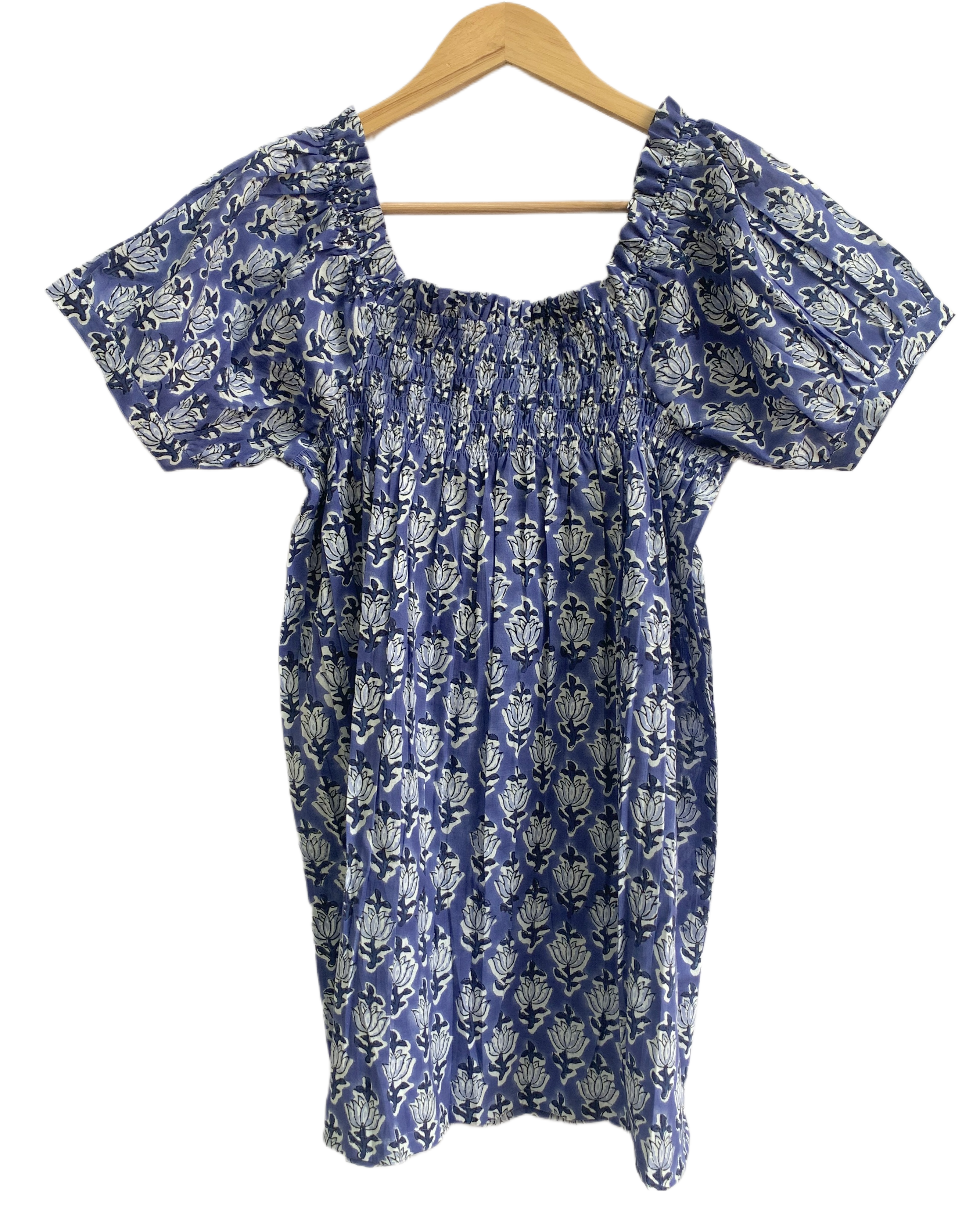 Blue Floral Cotton Sleep Set - Puff Sleeve Top & Lounge Shorts