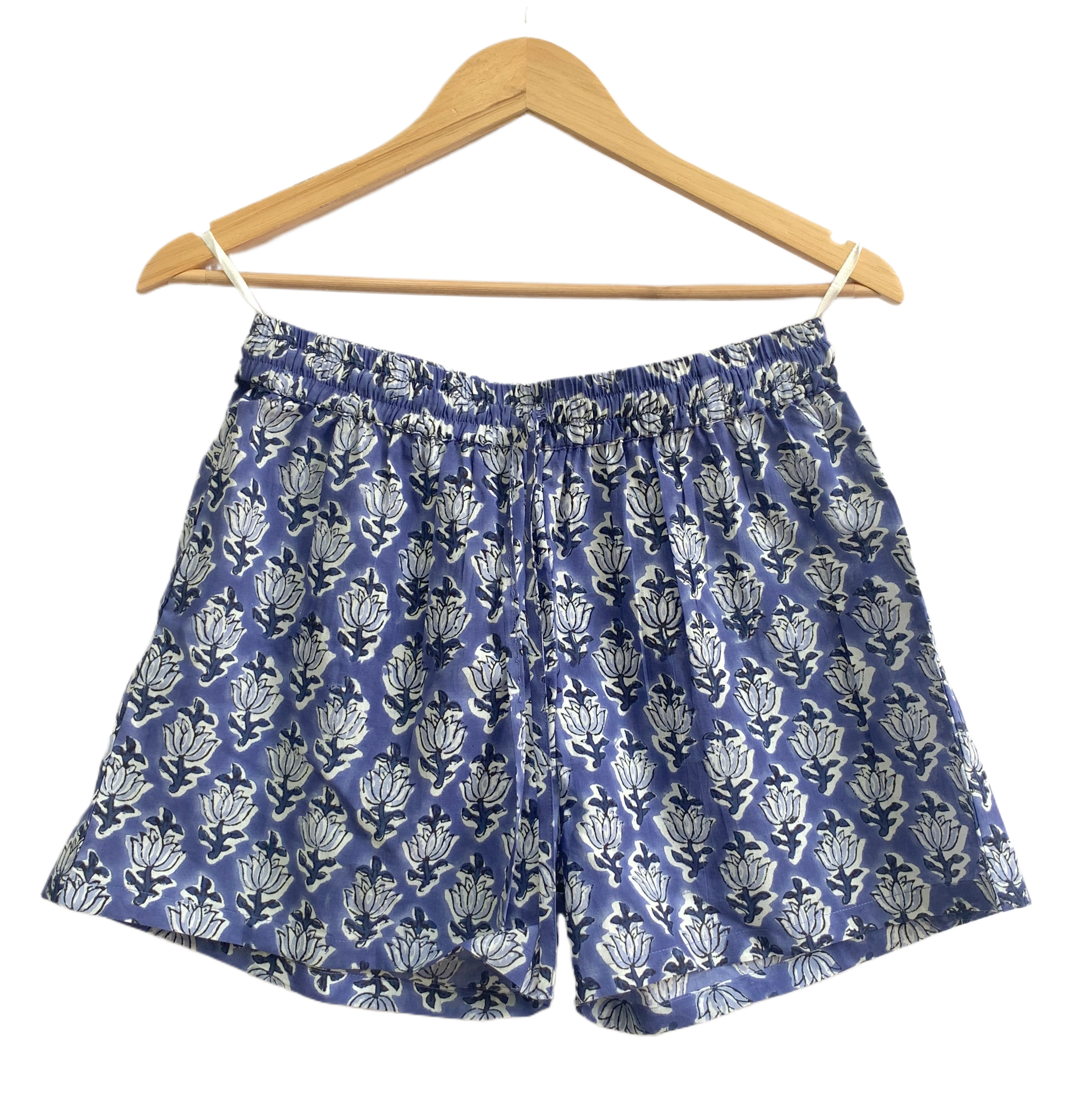 Blue Floral Cotton Sleep Set - Puff Sleeve Top & Lounge Shorts