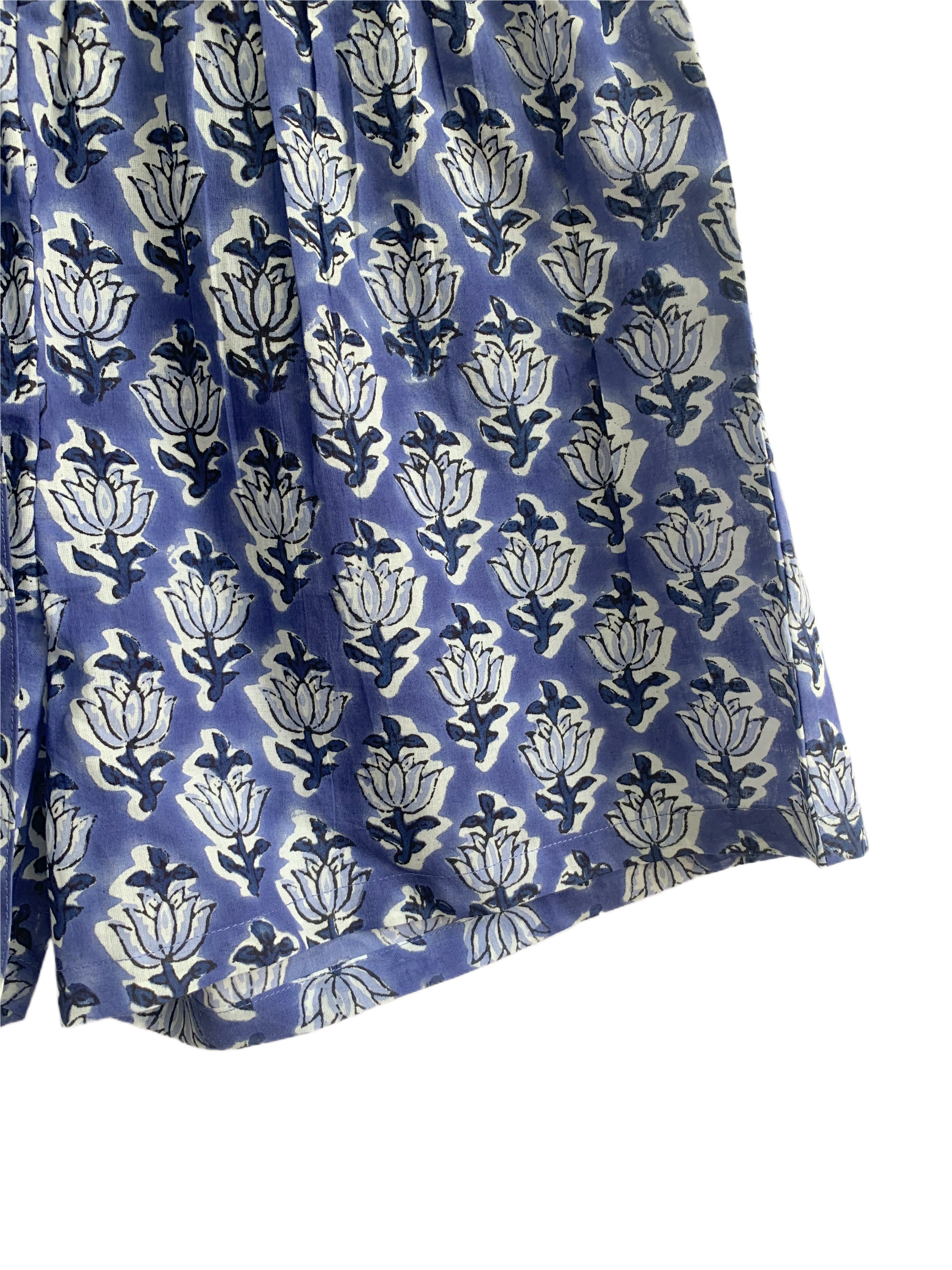 Blue Floral Cotton Sleep Set - Puff Sleeve Top & Lounge Shorts