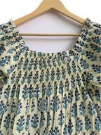 Cream & Blue Floral Cotton Pajama Set | Puff Sleeve Top & Lounge Shorts