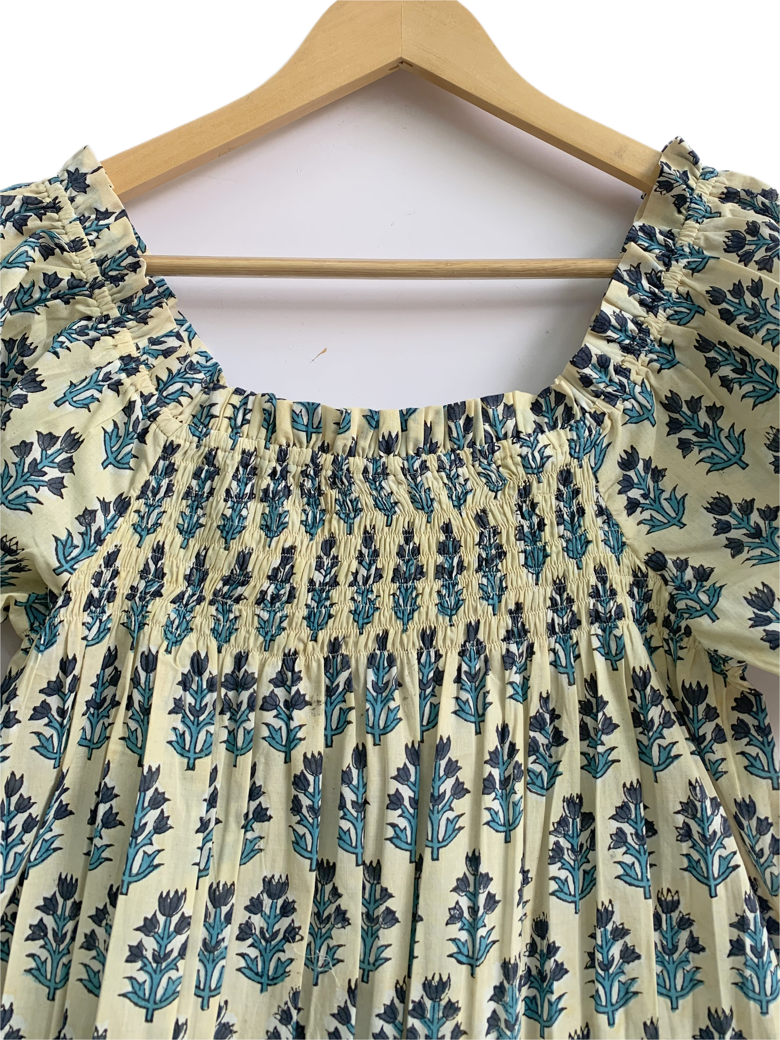 Cream & Blue Floral Cotton Pajama Set | Puff Sleeve Top & Lounge Shorts