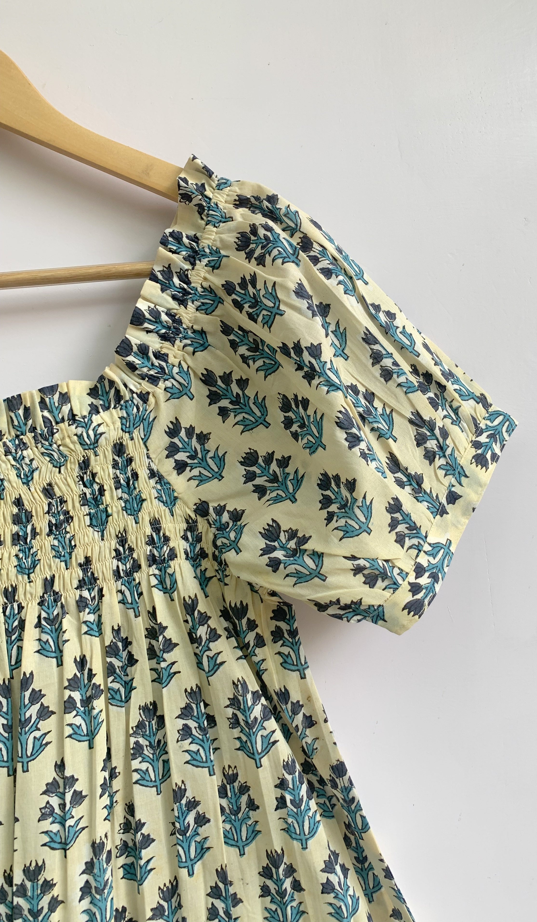 Cream & Blue Floral Cotton Pajama Set | Puff Sleeve Top & Lounge Shorts