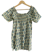 Cream & Blue Floral Cotton Pajama Set | Puff Sleeve Top & Lounge Shorts