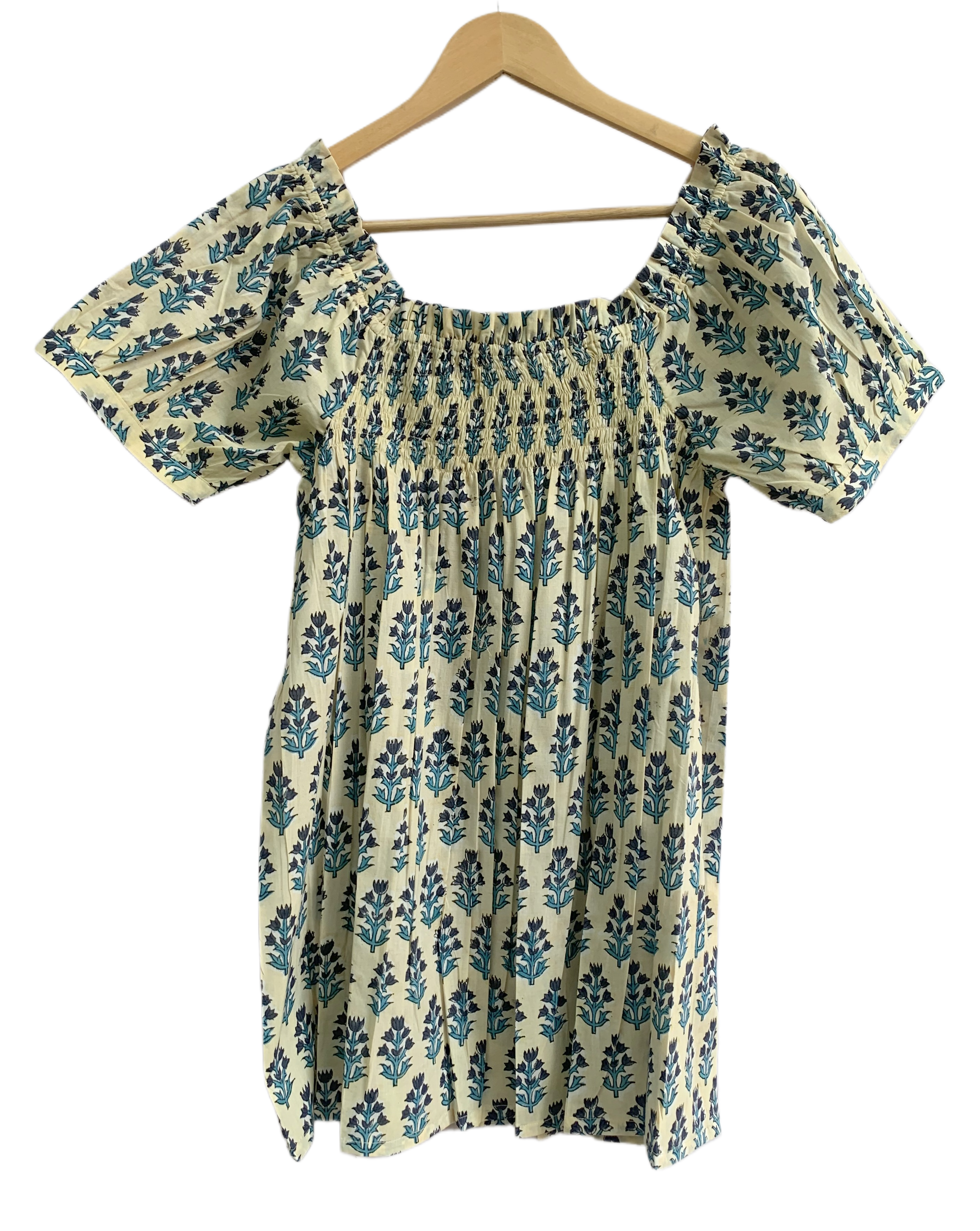 Cream & Blue Floral Cotton Pajama Set | Puff Sleeve Top & Lounge Shorts