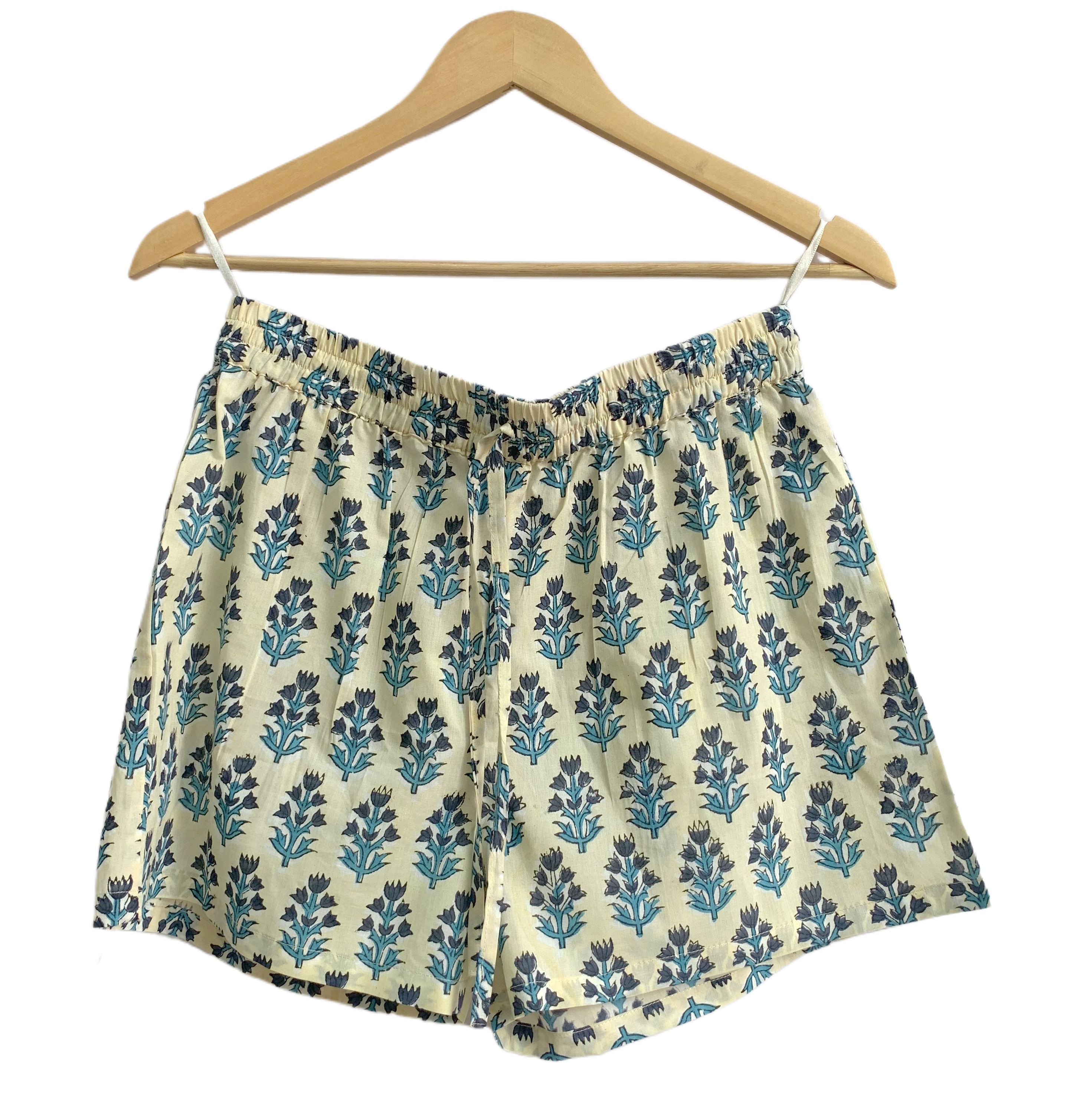 Cream & Blue Floral Cotton Pajama Set | Puff Sleeve Top & Lounge Shorts
