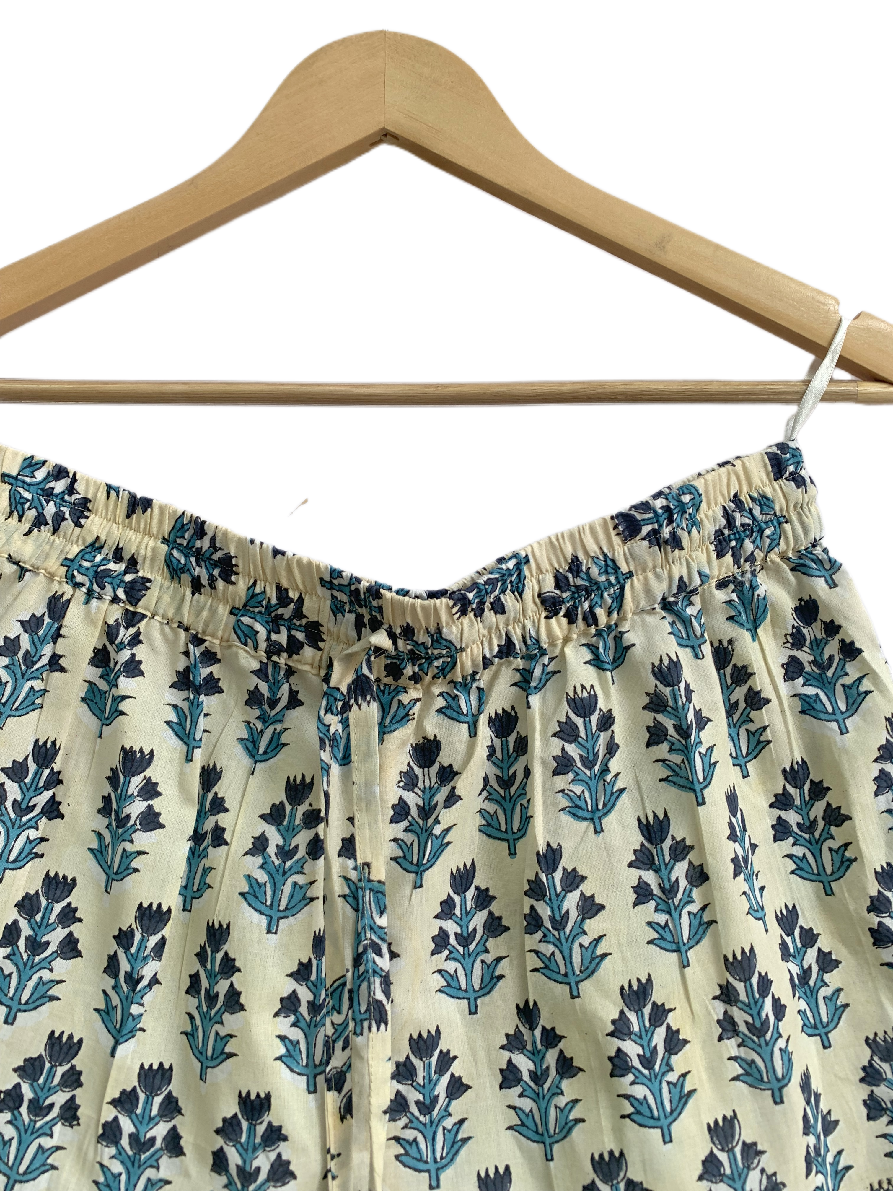 Cream & Blue Floral Cotton Pajama Set | Puff Sleeve Top & Lounge Shorts