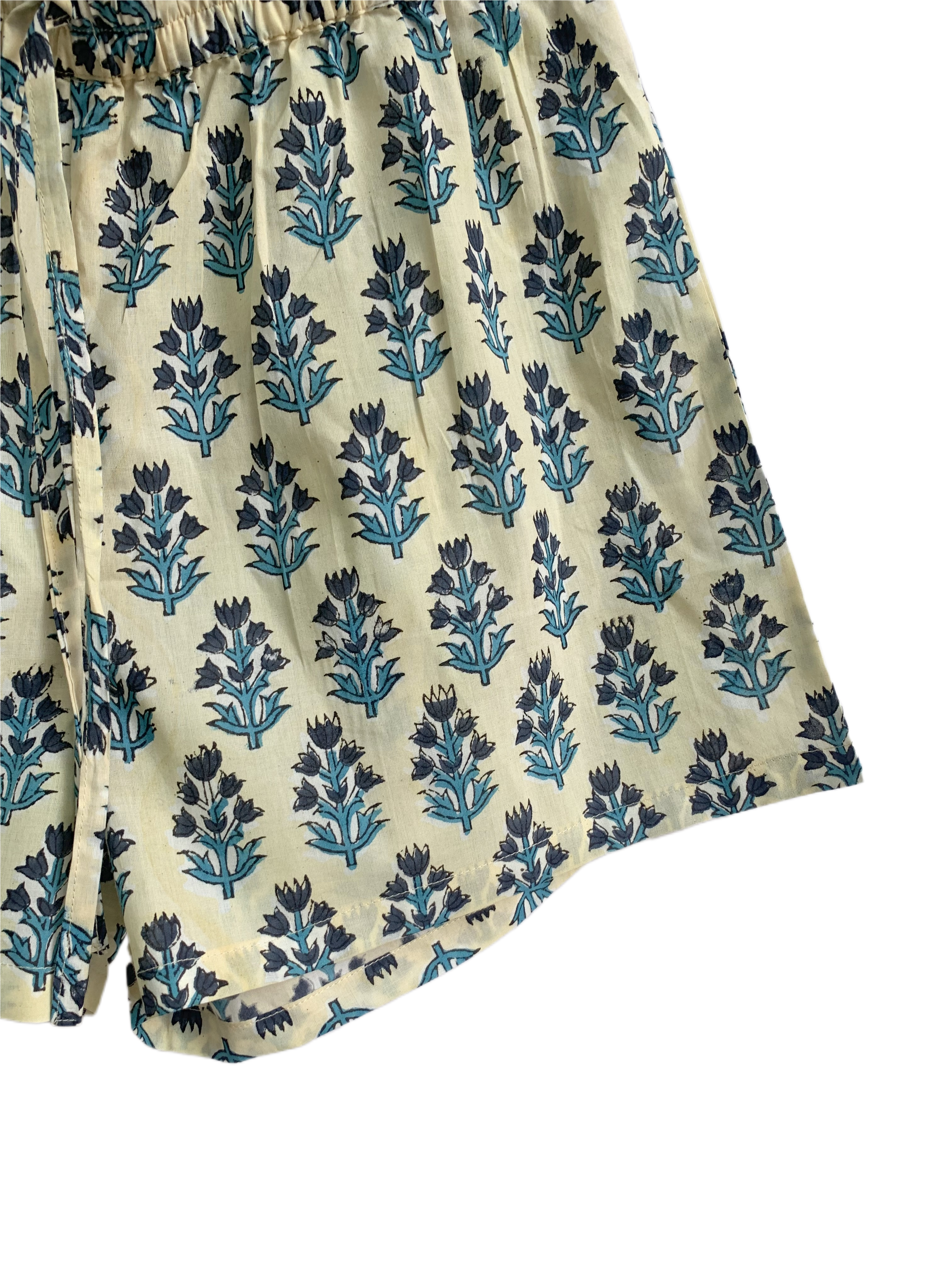 Cream & Blue Floral Cotton Pajama Set | Puff Sleeve Top & Lounge Shorts