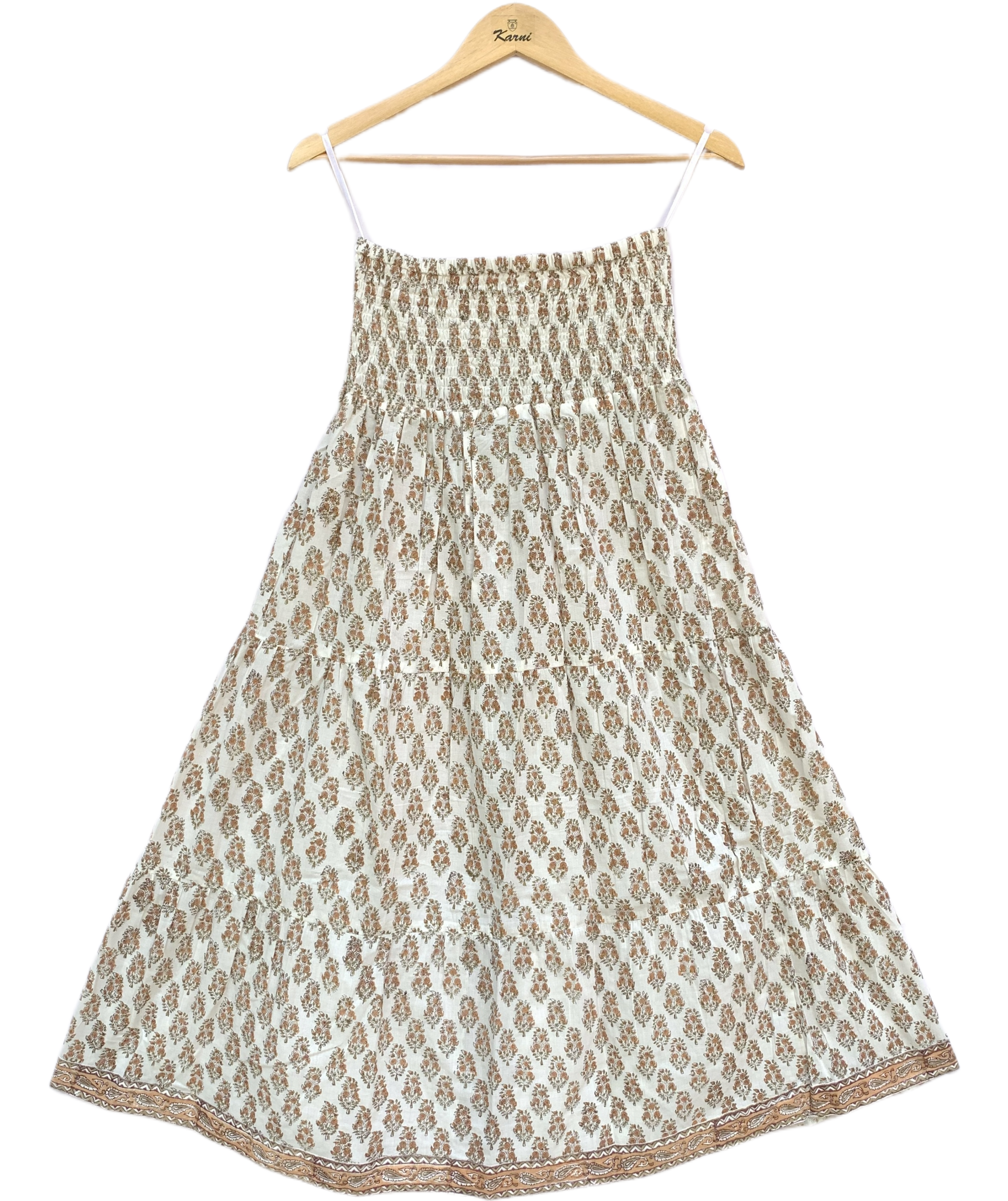 Beige Floral Hand Block Printed Cotton Flared Maxi Skirt