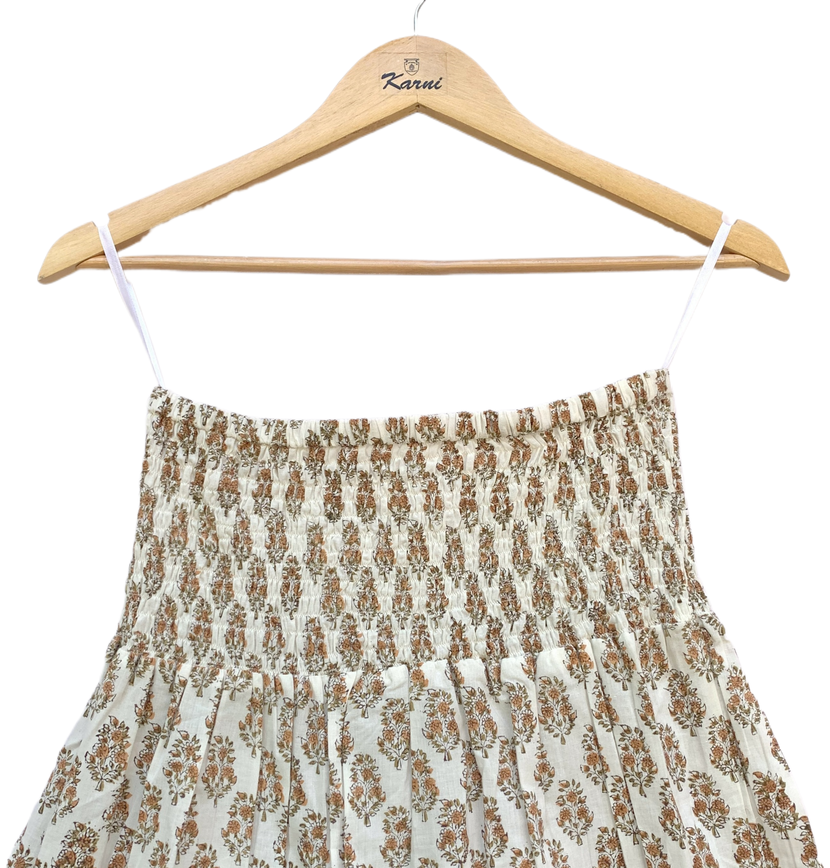 Beige Floral Hand Block Printed Cotton Flared Maxi Skirt