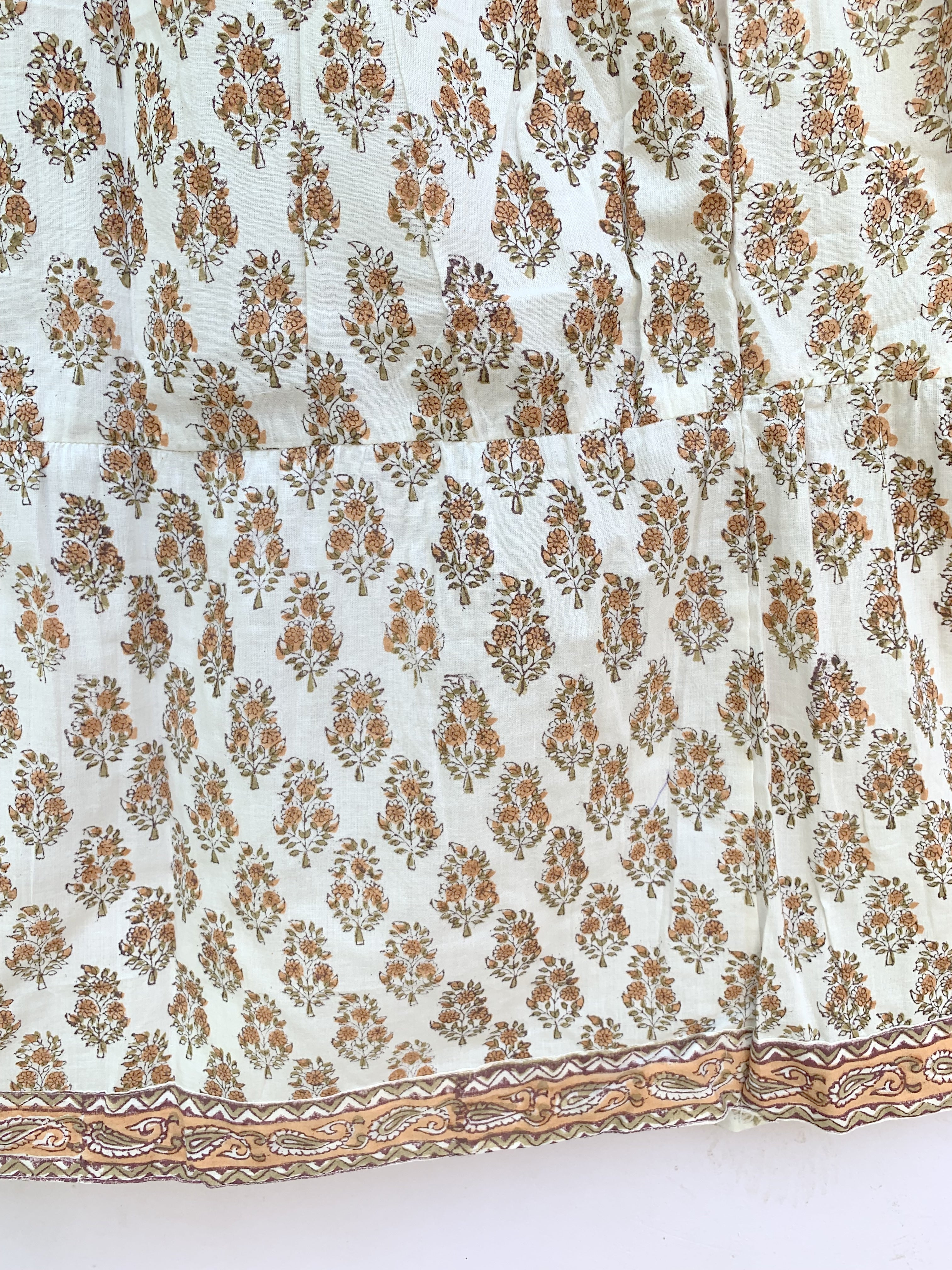 Beige Floral Hand Block Printed Cotton Flared Maxi Skirt