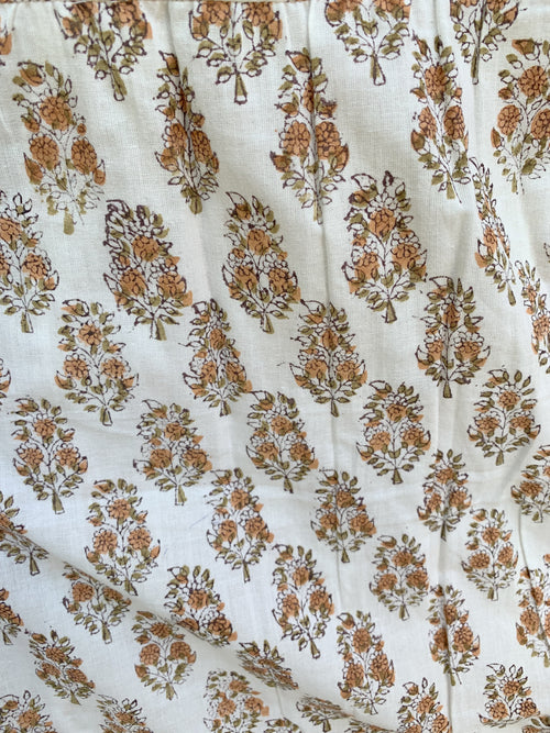 Beige Floral Hand Block Printed Cotton Flared Maxi Skirt