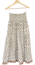 Beige Floral Hand Block Printed Cotton Flared Maxi Skirt