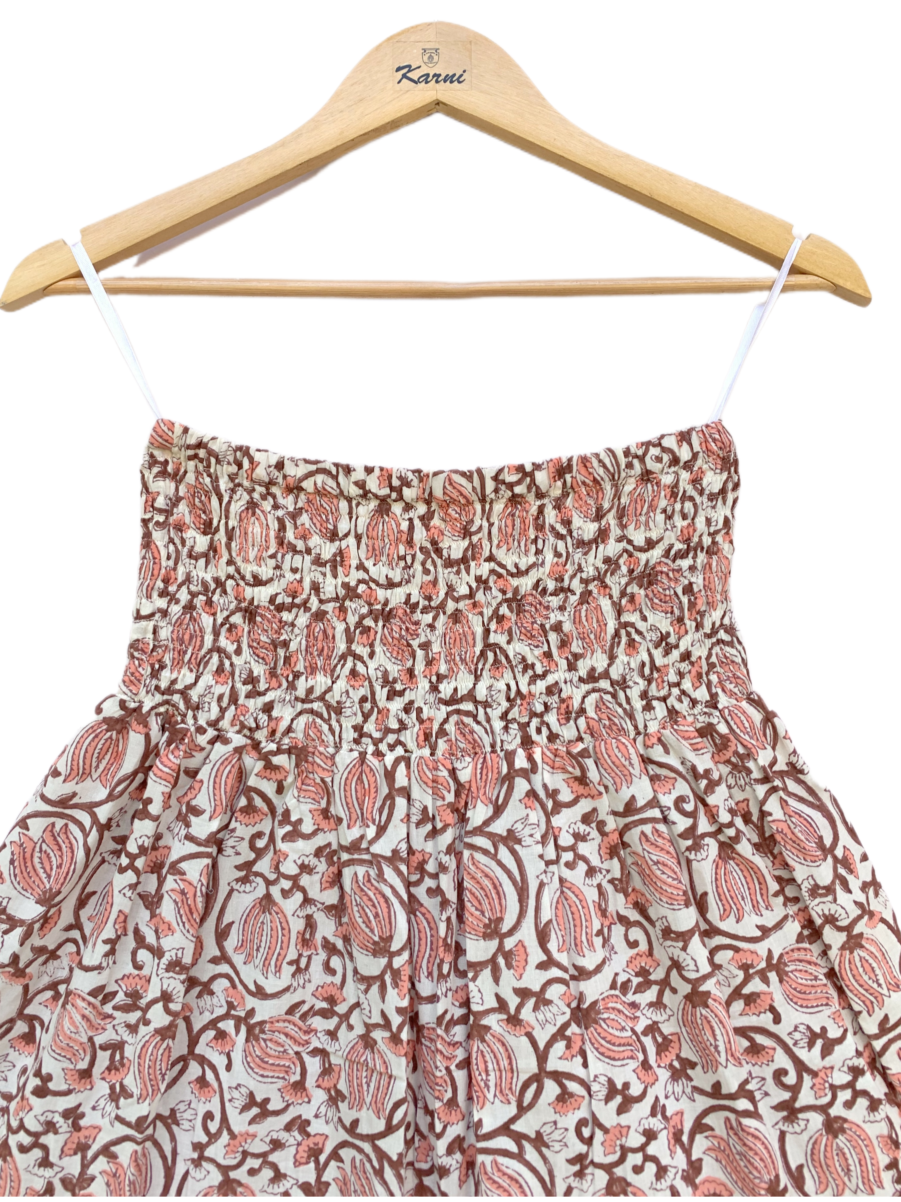 Rust Floral Cotton Smocked Waist Long Skirt