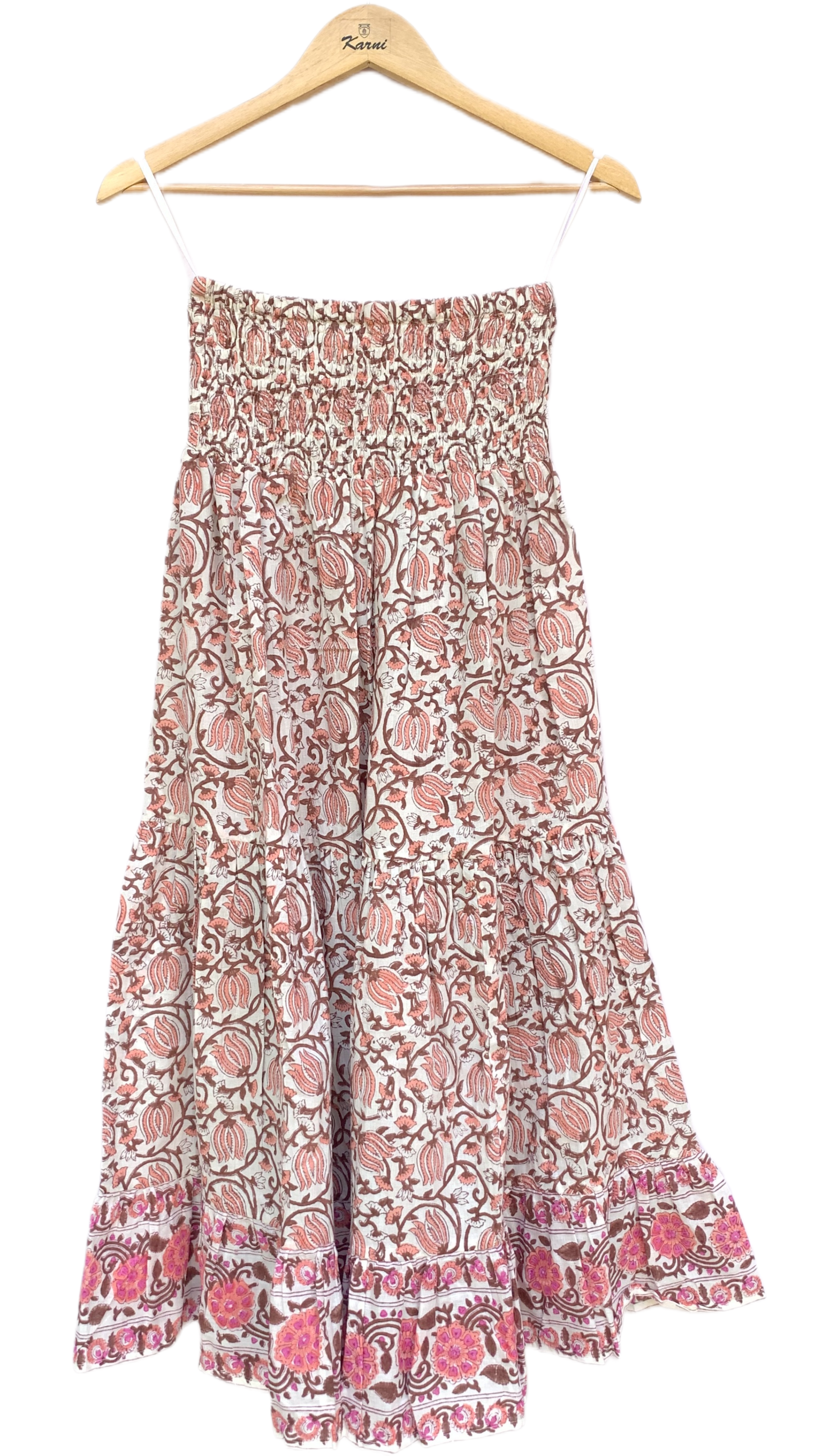 Rust Floral Cotton Smocked Waist Long Skirt