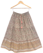 Beige Floral Screen Print Cotton Maxi Skirt – Boho Tiered Summer Skirt