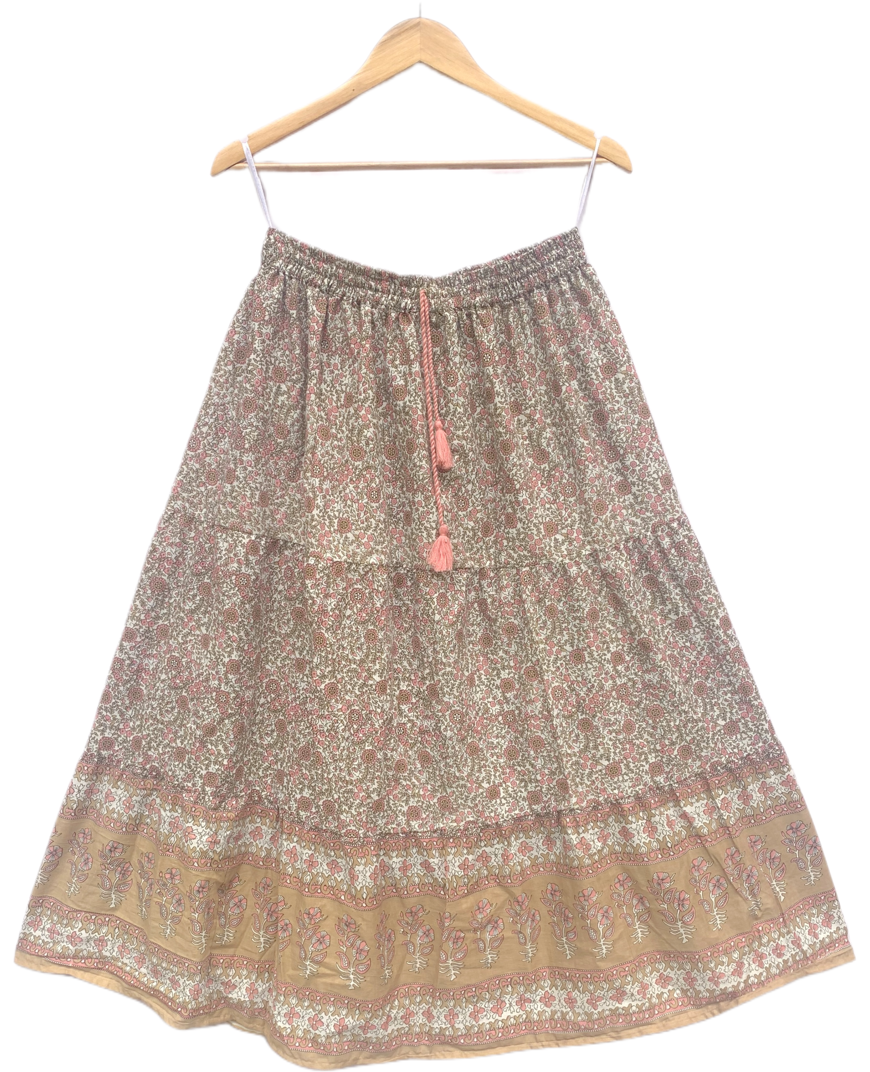Beige Floral Screen Print Cotton Maxi Skirt – Boho Tiered Summer Skirt