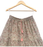 Beige Floral Screen Print Cotton Maxi Skirt – Boho Tiered Summer Skirt