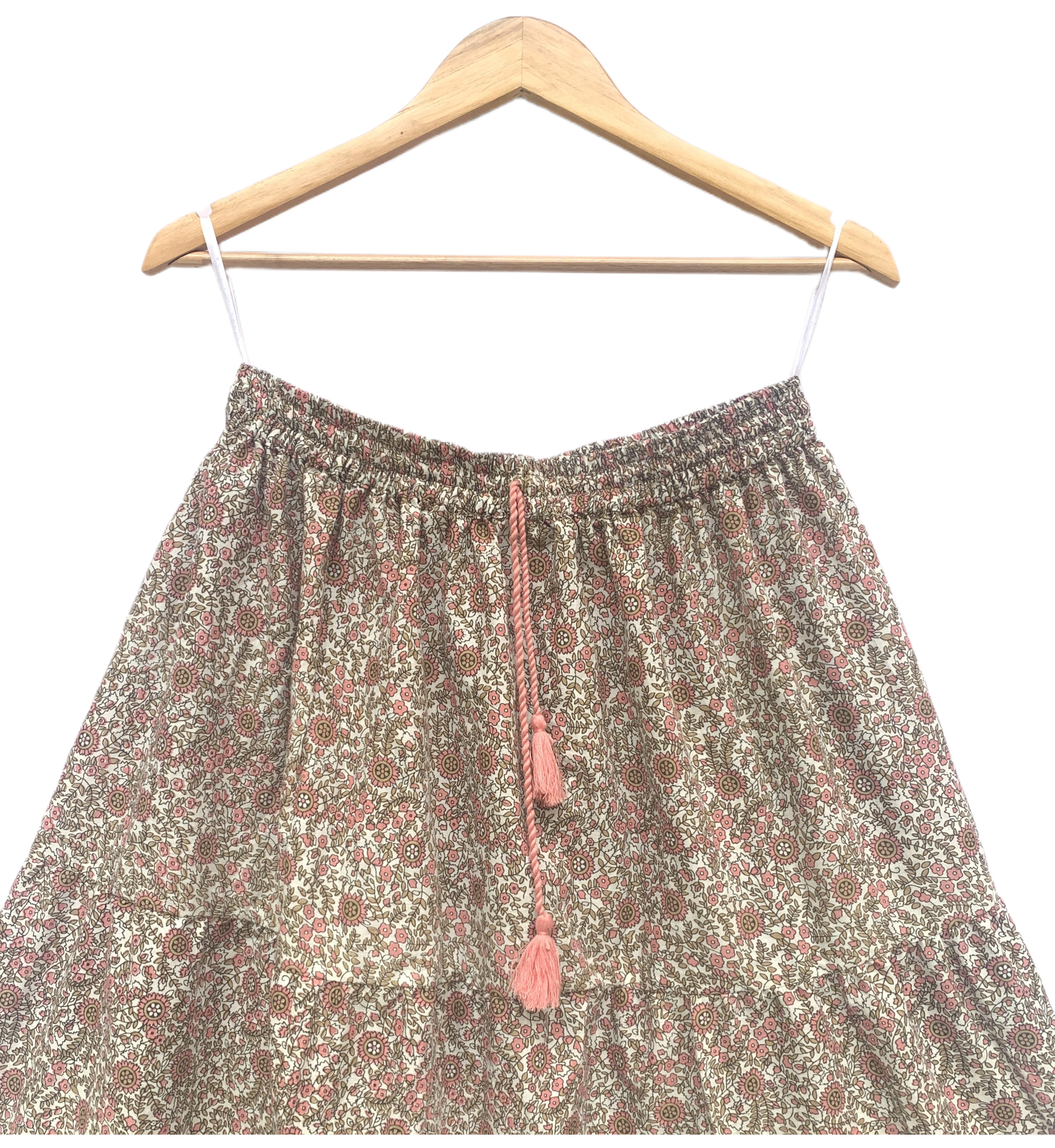 Beige Floral Screen Print Cotton Maxi Skirt – Boho Tiered Summer Skirt