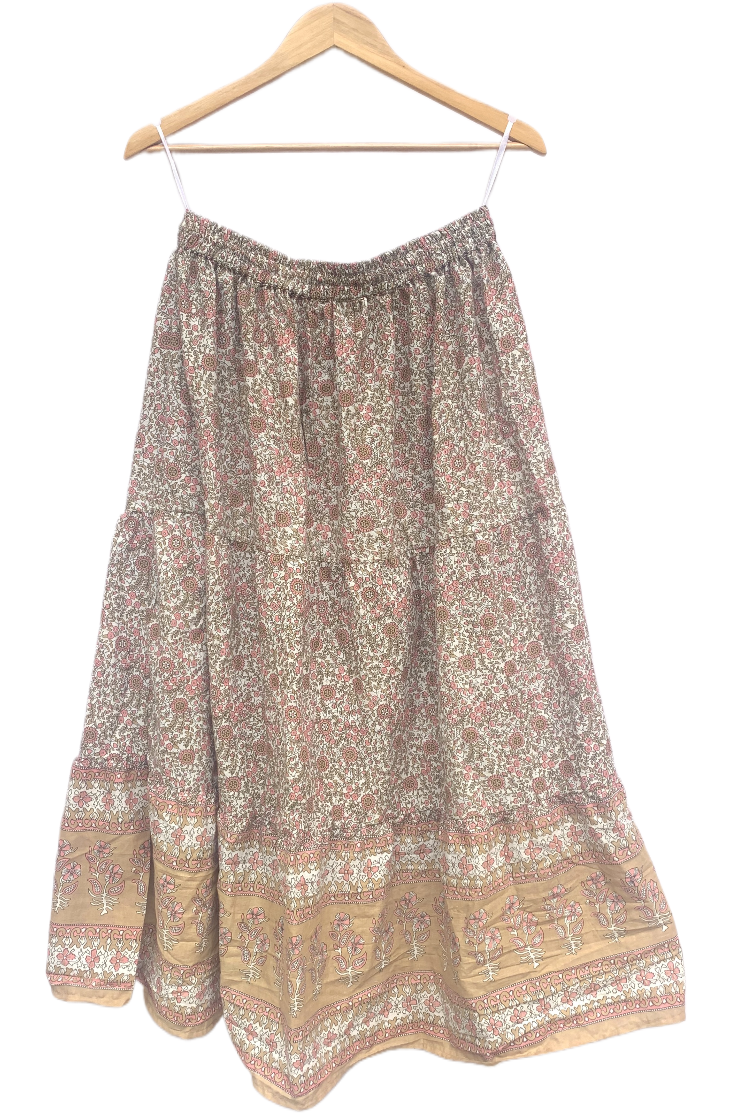 Beige Floral Screen Print Cotton Maxi Skirt – Boho Tiered Summer Skirt