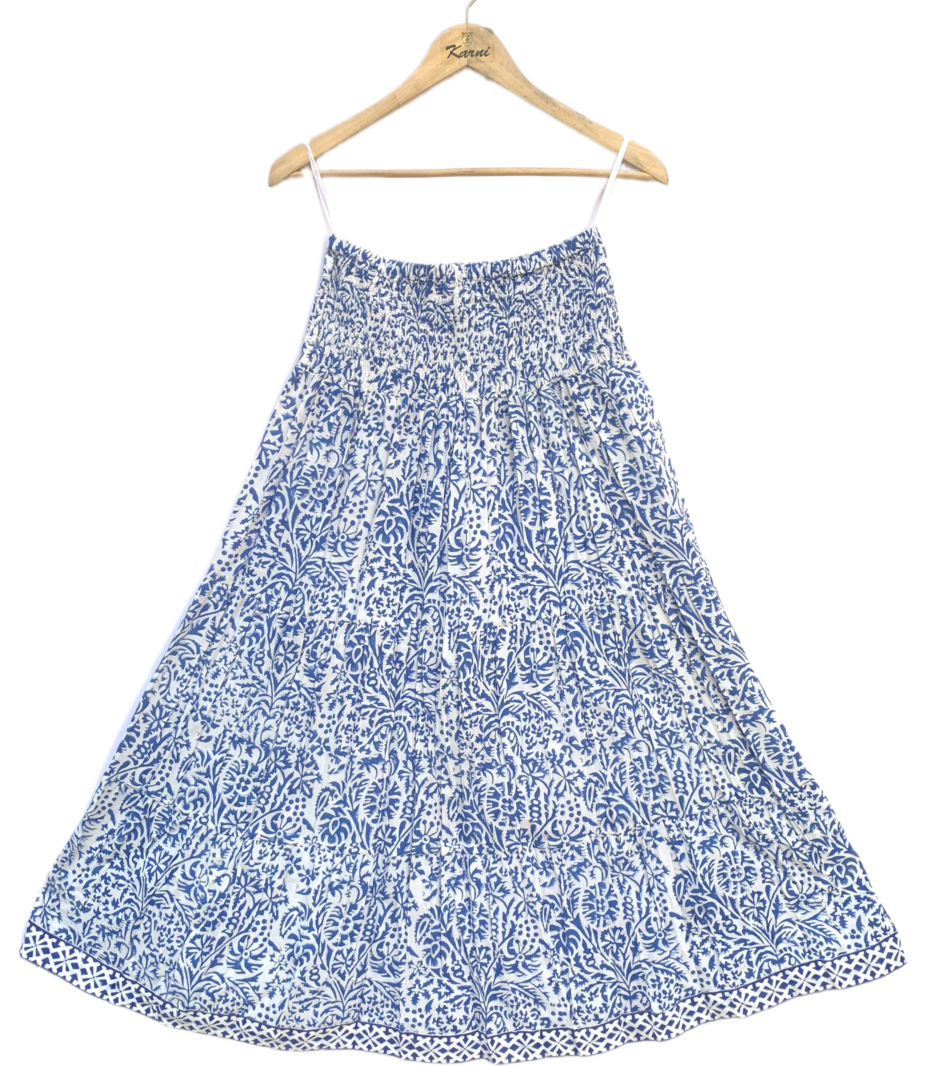 Indigo Jaal Hand Block Printed Cotton Maxi Skirt – Smocked Waist Boho Tiered Flow