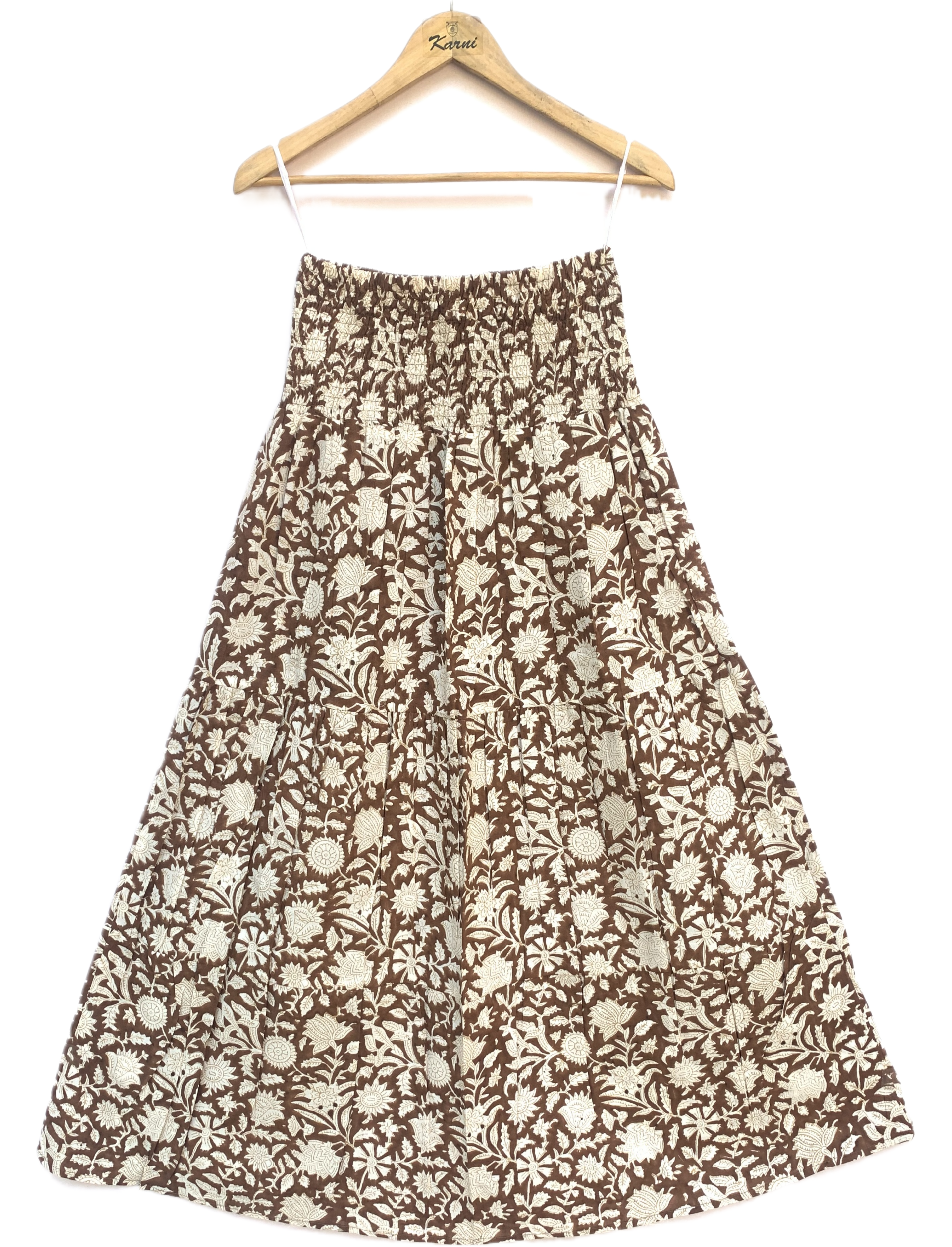 Brown & Beige Floral Hand-Block Print Full-Length Tiered Skirt
