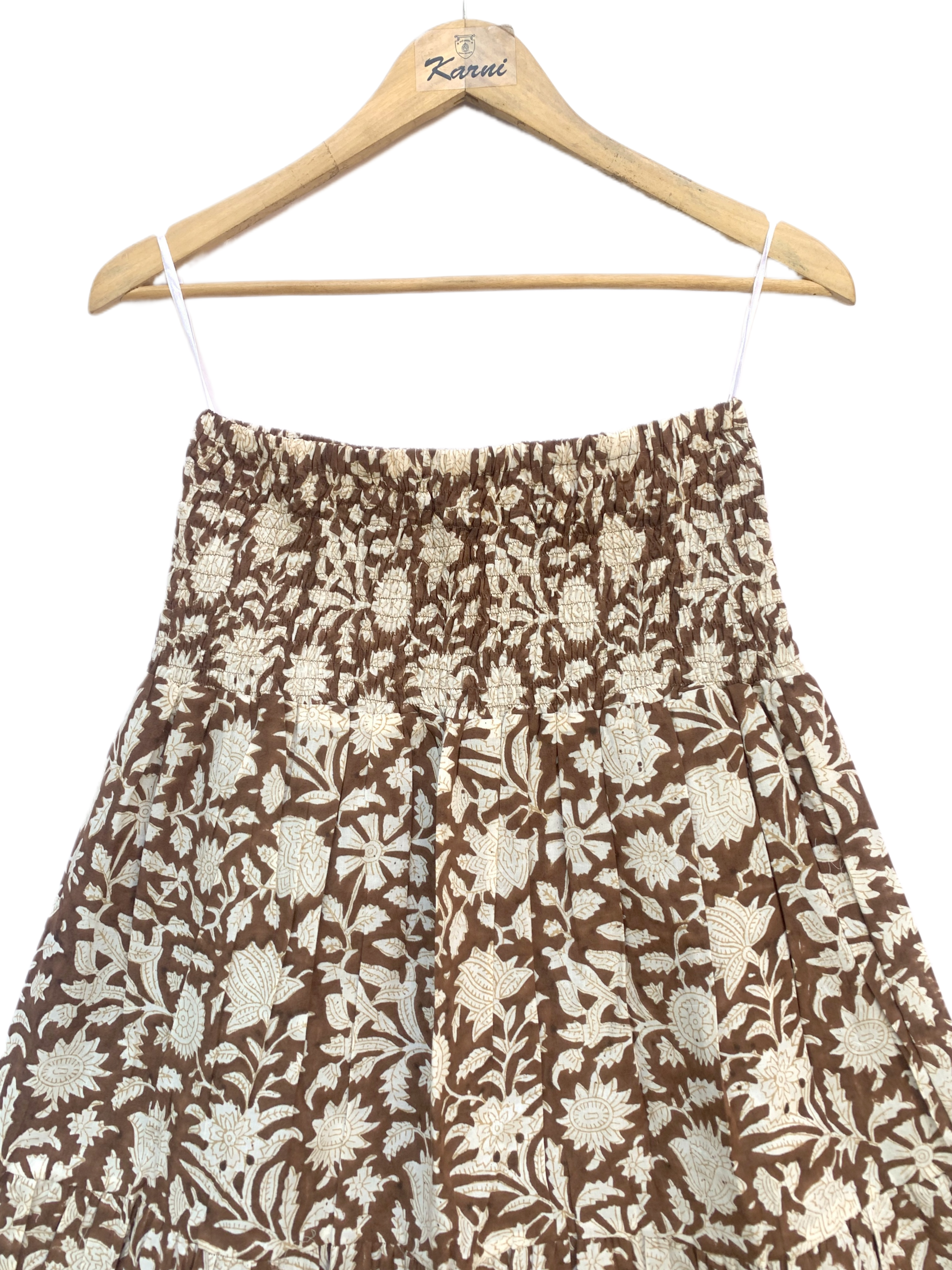Brown & Beige Floral Hand-Block Print Full-Length Tiered Skirt