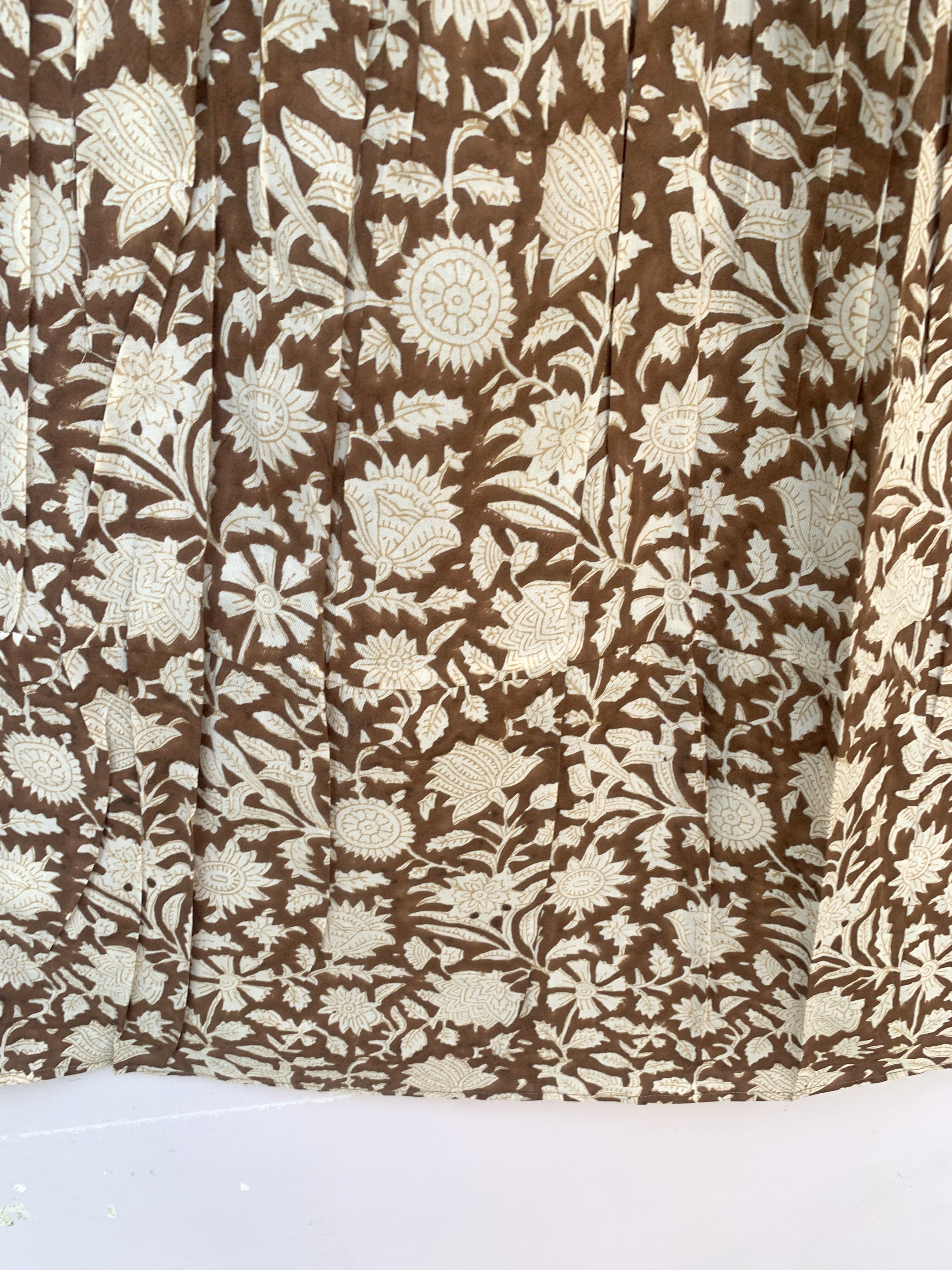 Brown & Beige Floral Hand-Block Print Full-Length Tiered Skirt