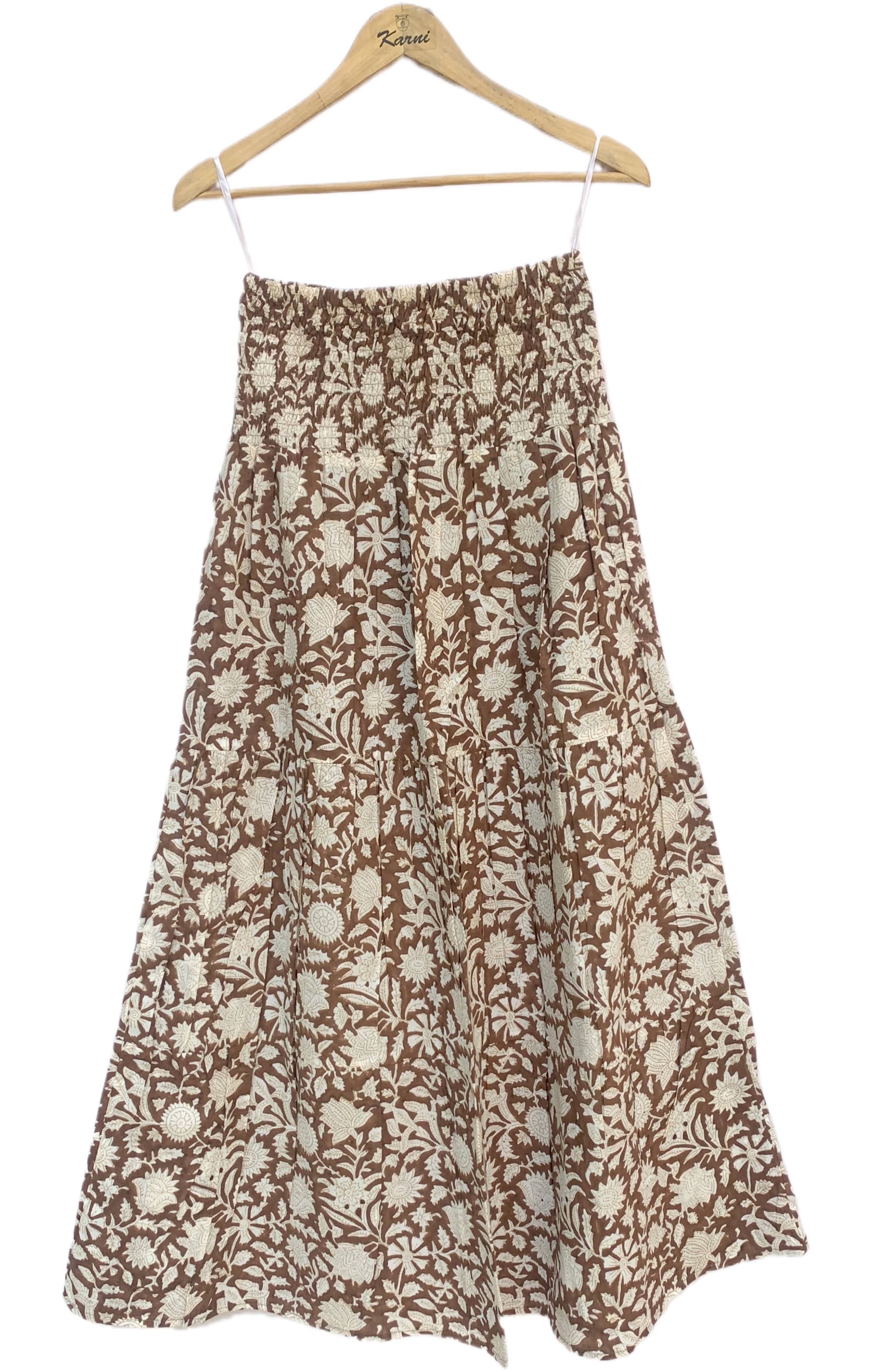 Brown & Beige Floral Hand-Block Print Full-Length Tiered Skirt