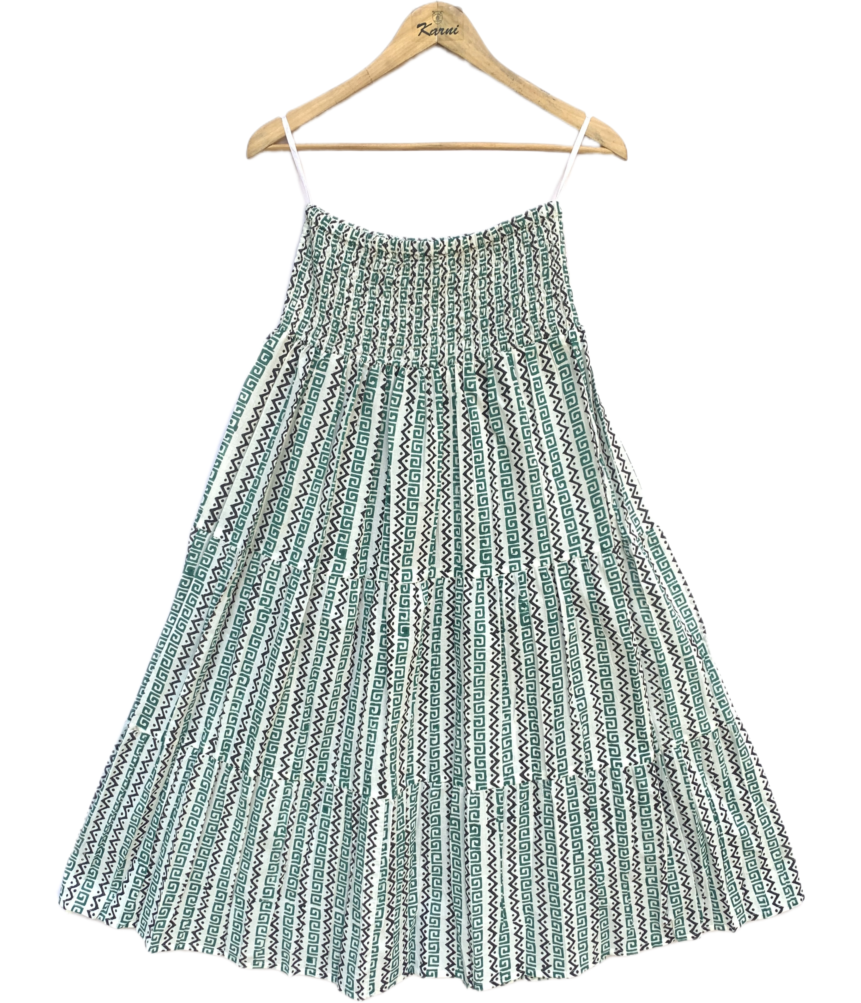 Emerald Maze Hand Block Printed Cotton Flared Maxi Skirt