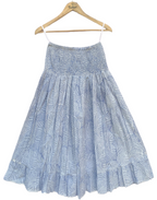 Blue Printed Cotton A-Line Full-Length Skirt with Smocked Waistband