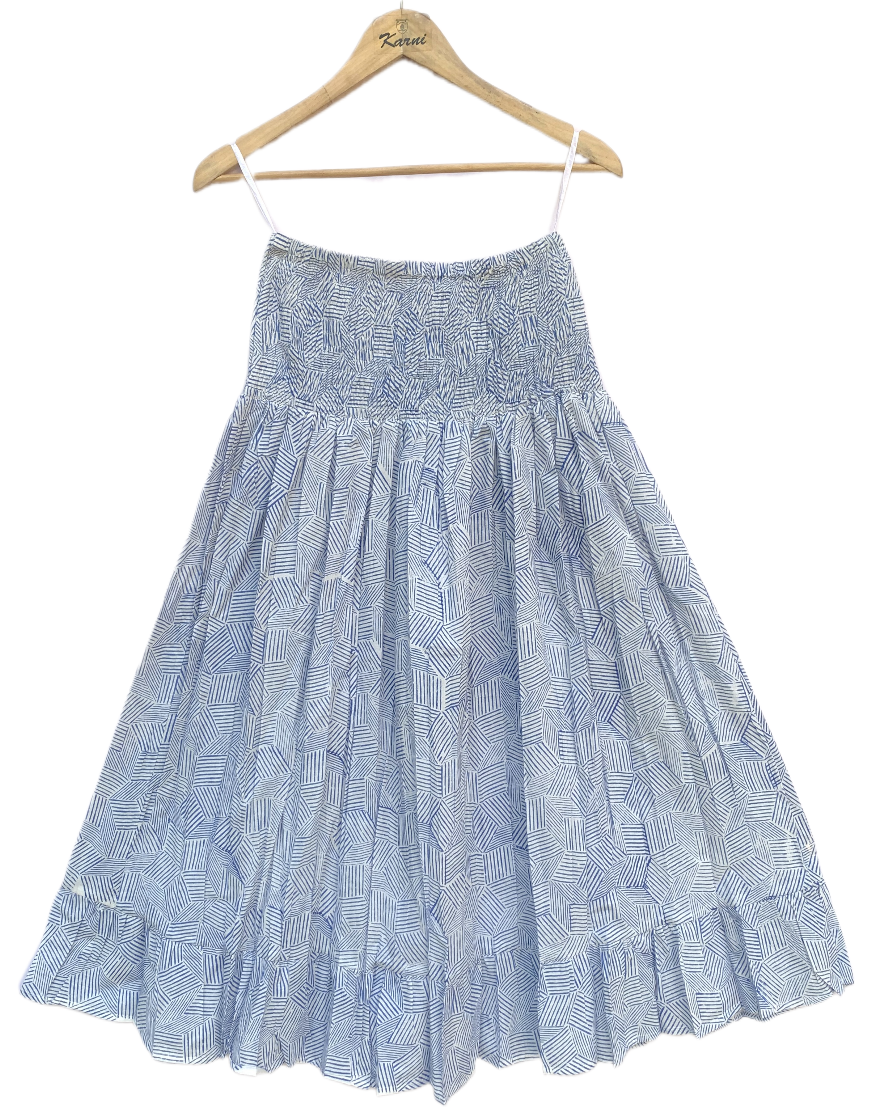Blue Printed Cotton A-Line Full-Length Skirt with Smocked Waistband