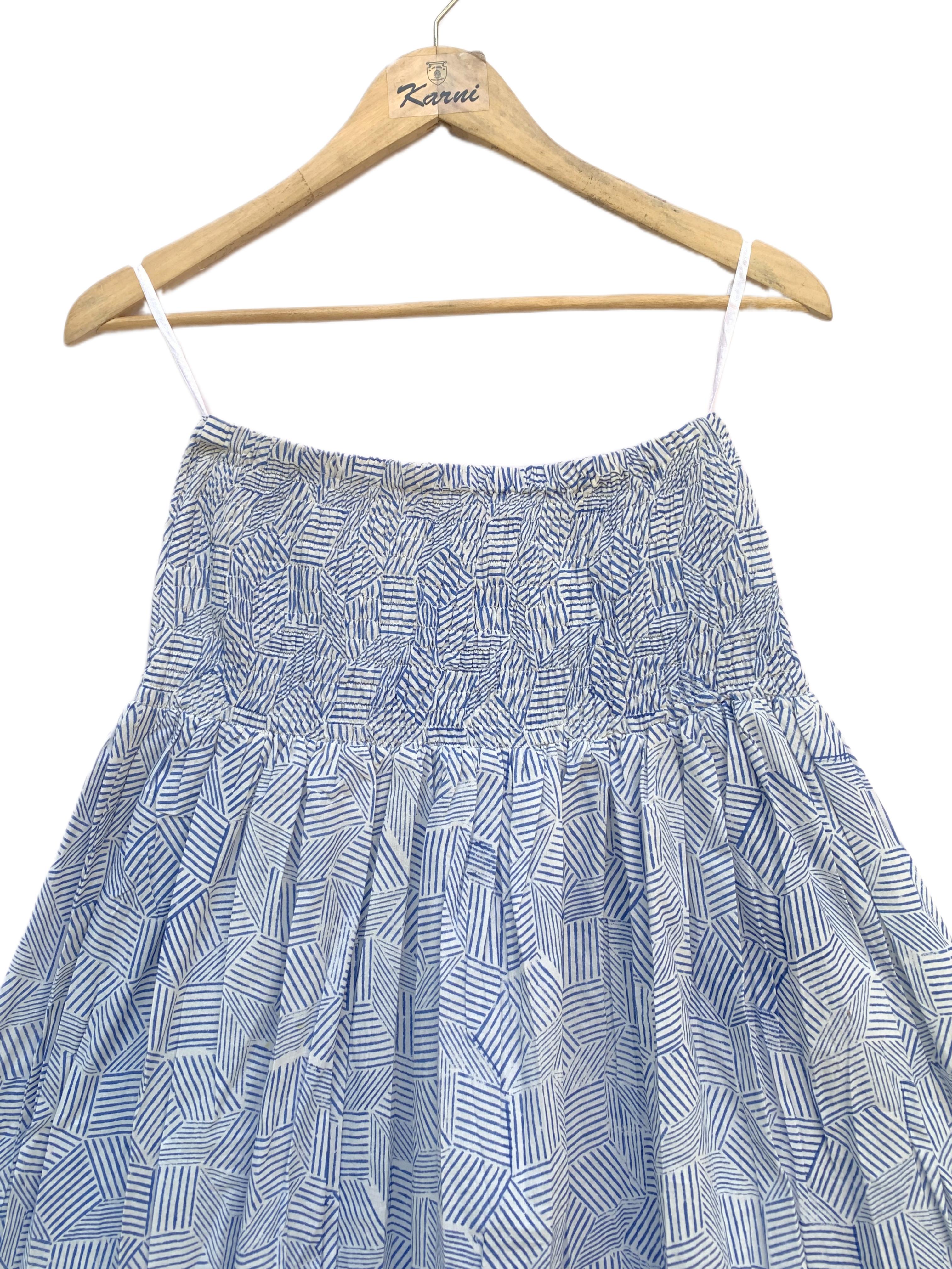 Blue Printed Cotton A-Line Full-Length Skirt with Smocked Waistband