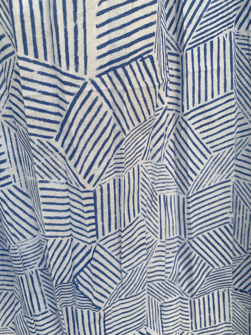 Blue Printed Cotton A-Line Full-Length Skirt with Smocked Waistband