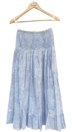 Blue Printed Cotton A-Line Full-Length Skirt with Smocked Waistband