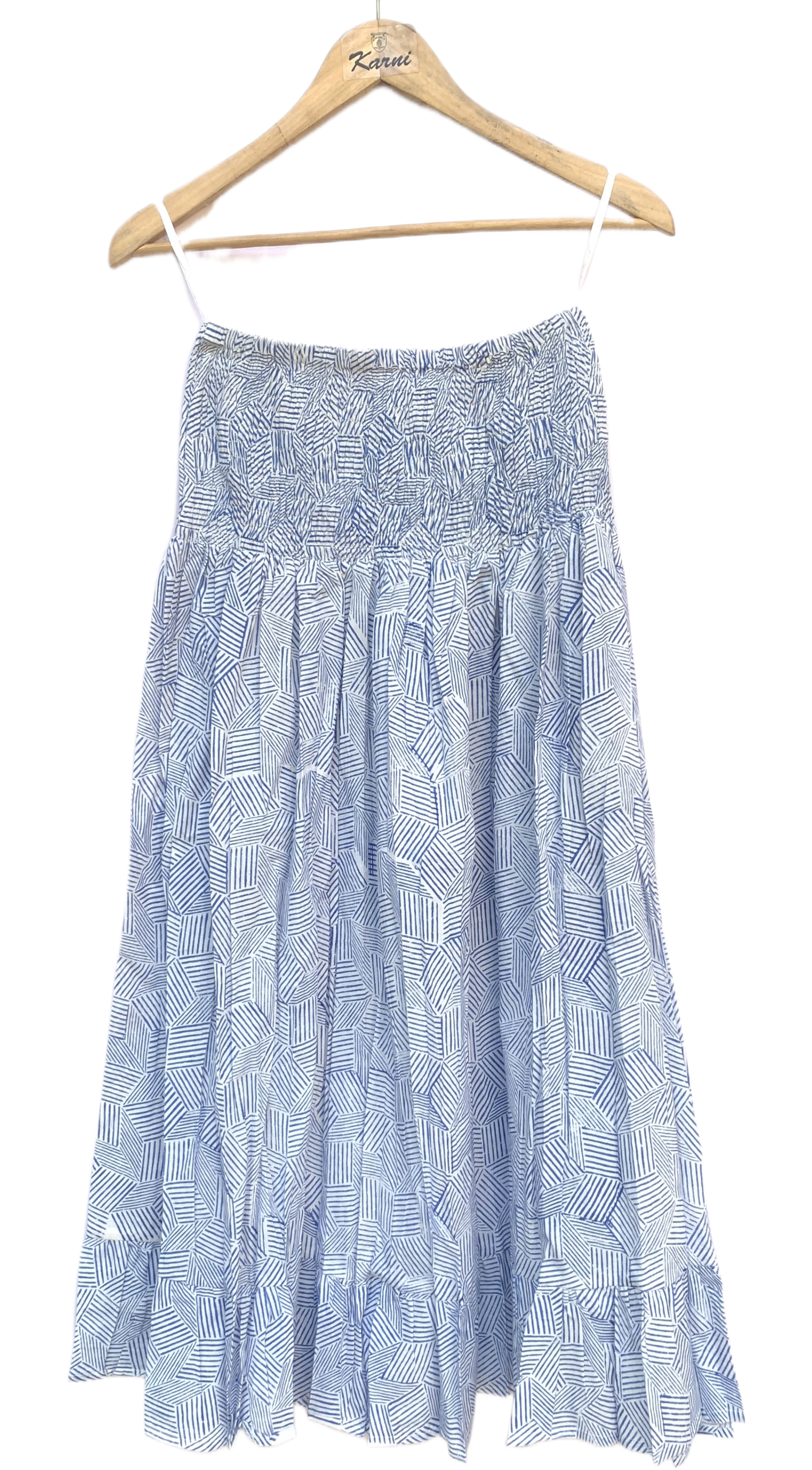 Blue Printed Cotton A-Line Full-Length Skirt with Smocked Waistband