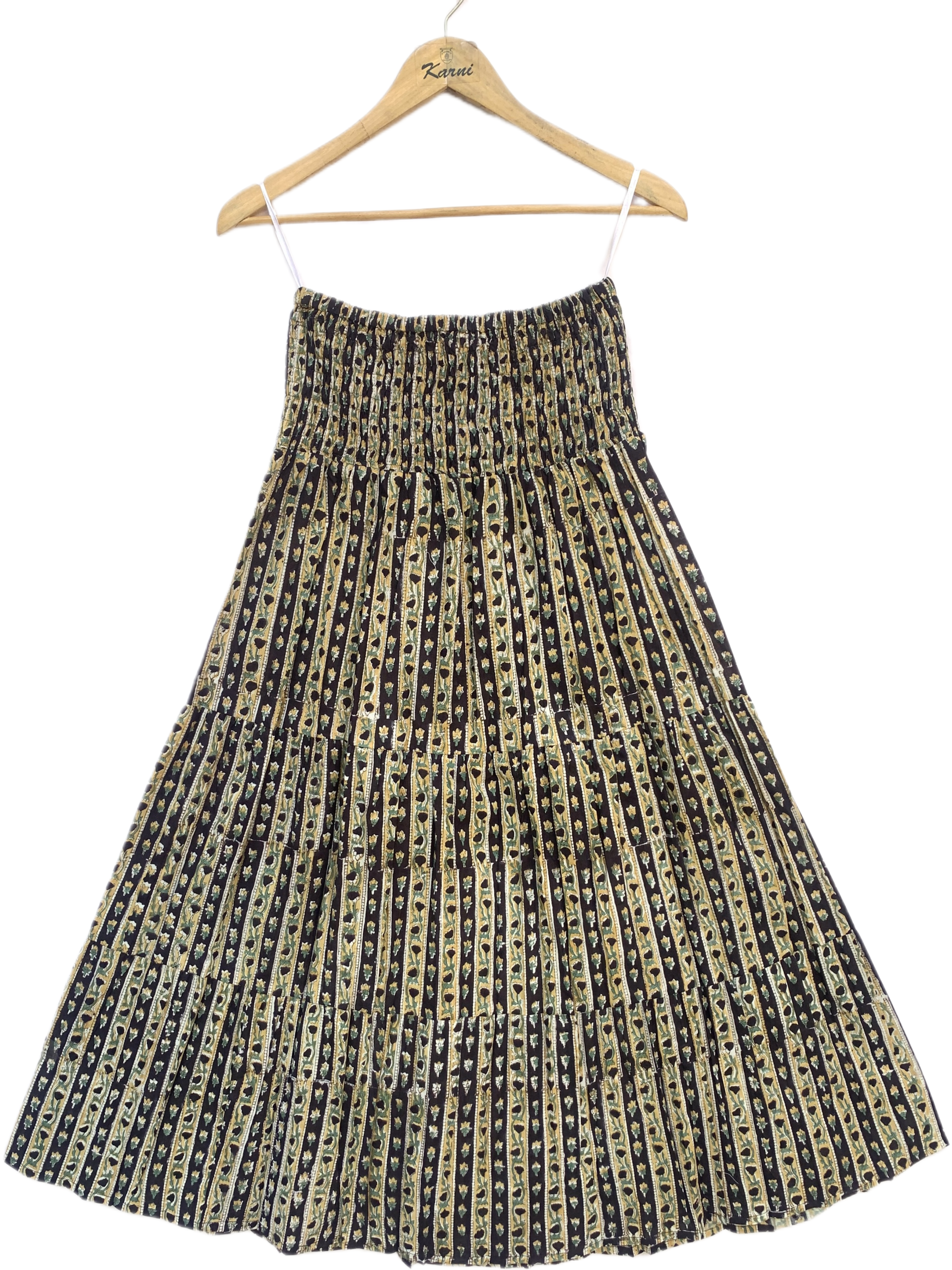 Maze Hand Block Printed Cotton Tiered Maxi Skirt – Smocked Waist Boho Flared Skirt