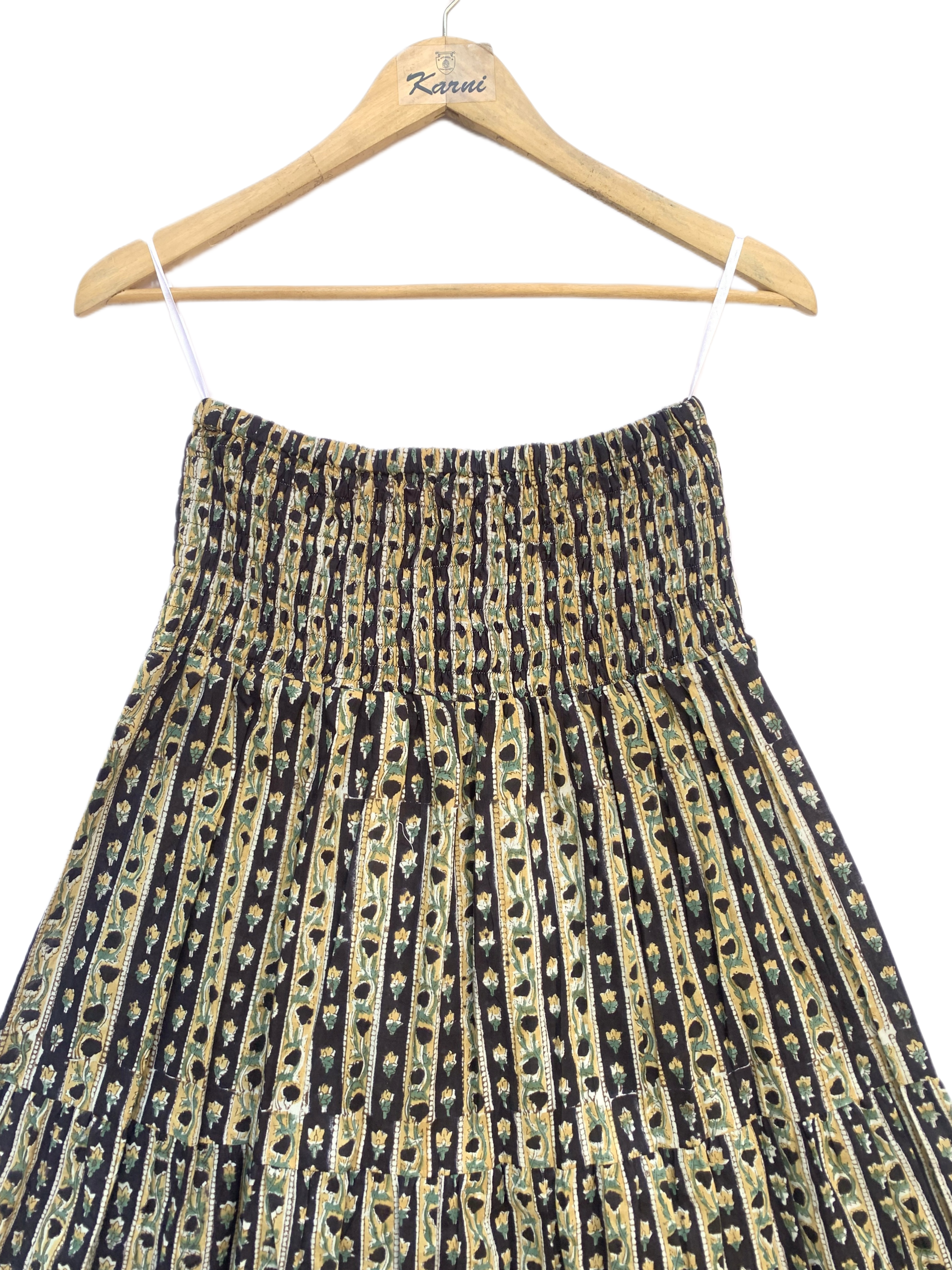 Maze Hand Block Printed Cotton Tiered Maxi Skirt – Smocked Waist Boho Flared Skirt